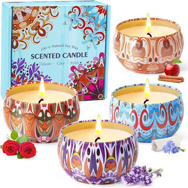 Candles Gifts for Women, Scented Candles, Scented Candle Gift Set, Pack of 4, Soy Wax, Travel Tin Candle for Body Relaxation, Aromatherapy, Bath, Yoga, Mother's Day, Valentine's Day, Birthday