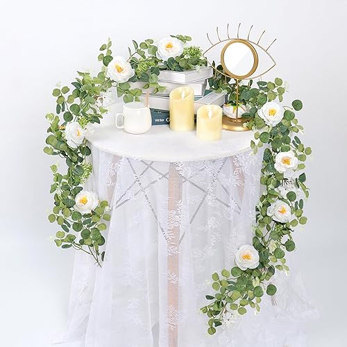Miniatura 6 de KHOYIME Paquete de 2 guirnaldas de flores de eucalipto artificiales en total de 13 pies de seda blanca sintética, flores de camelia hortensias,