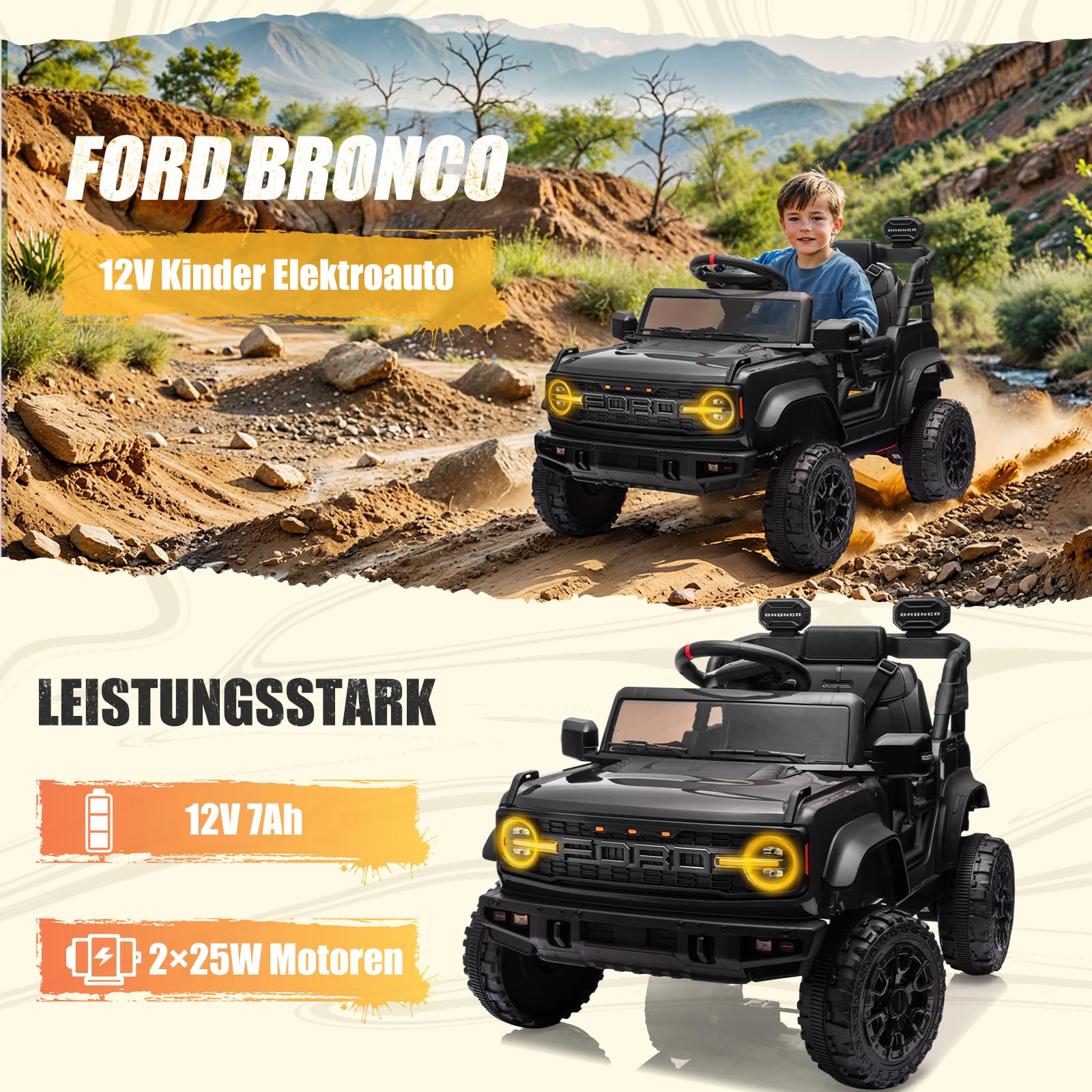 12V Kinder Elektroauto, Lizenziertes Ford Bronco Raptor Elektrofahrzeug, Auto mit Fernbedienung, 4-Rad-Federung, LED-Licht, Bluetooth, 3 Geschwindigkeiten (Schwarz)