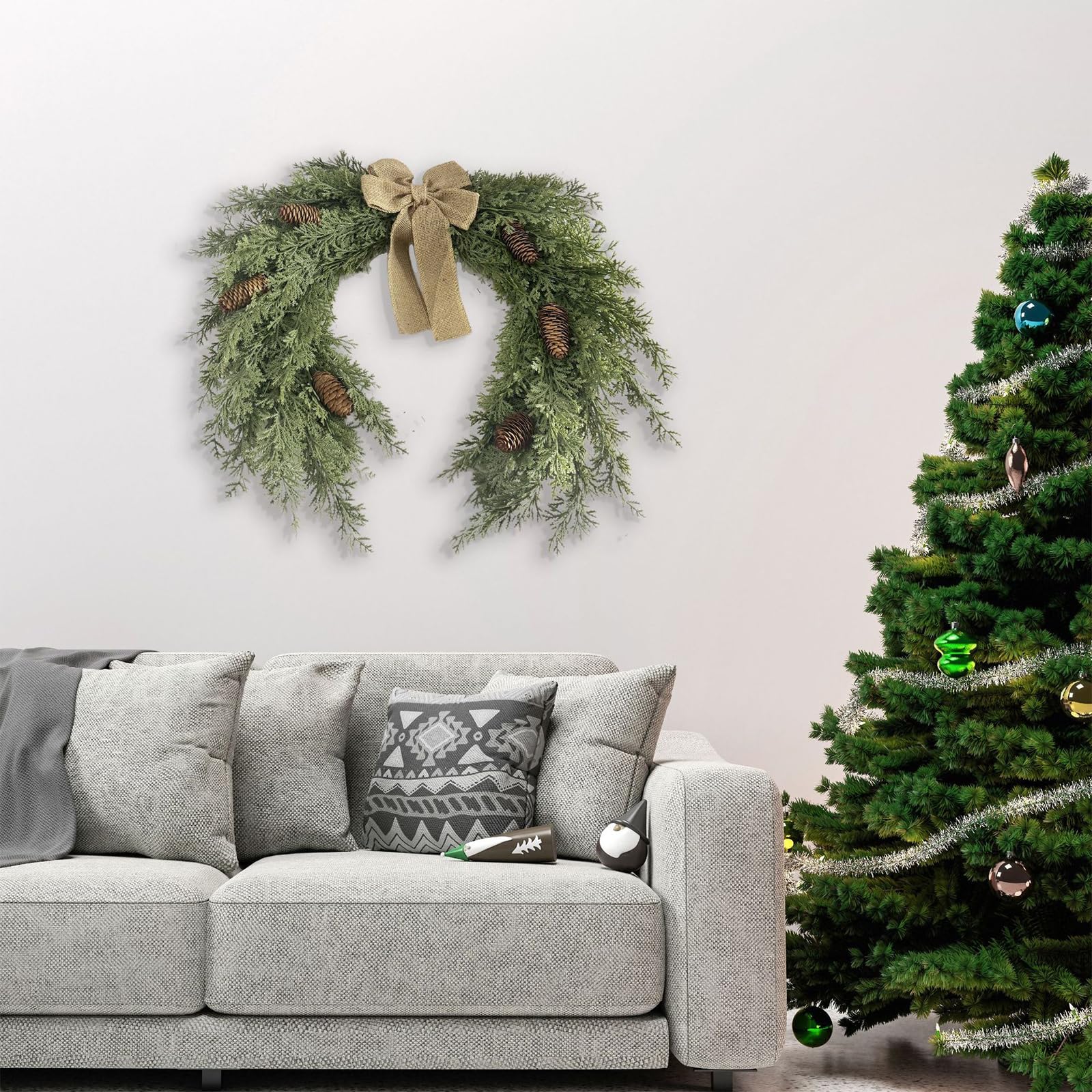 Fyearfly Couronne de Noël de 50 cm, guirlande de vacances en demi-cercle pour décoration d'intérieur, décoration festive de mur et de porte