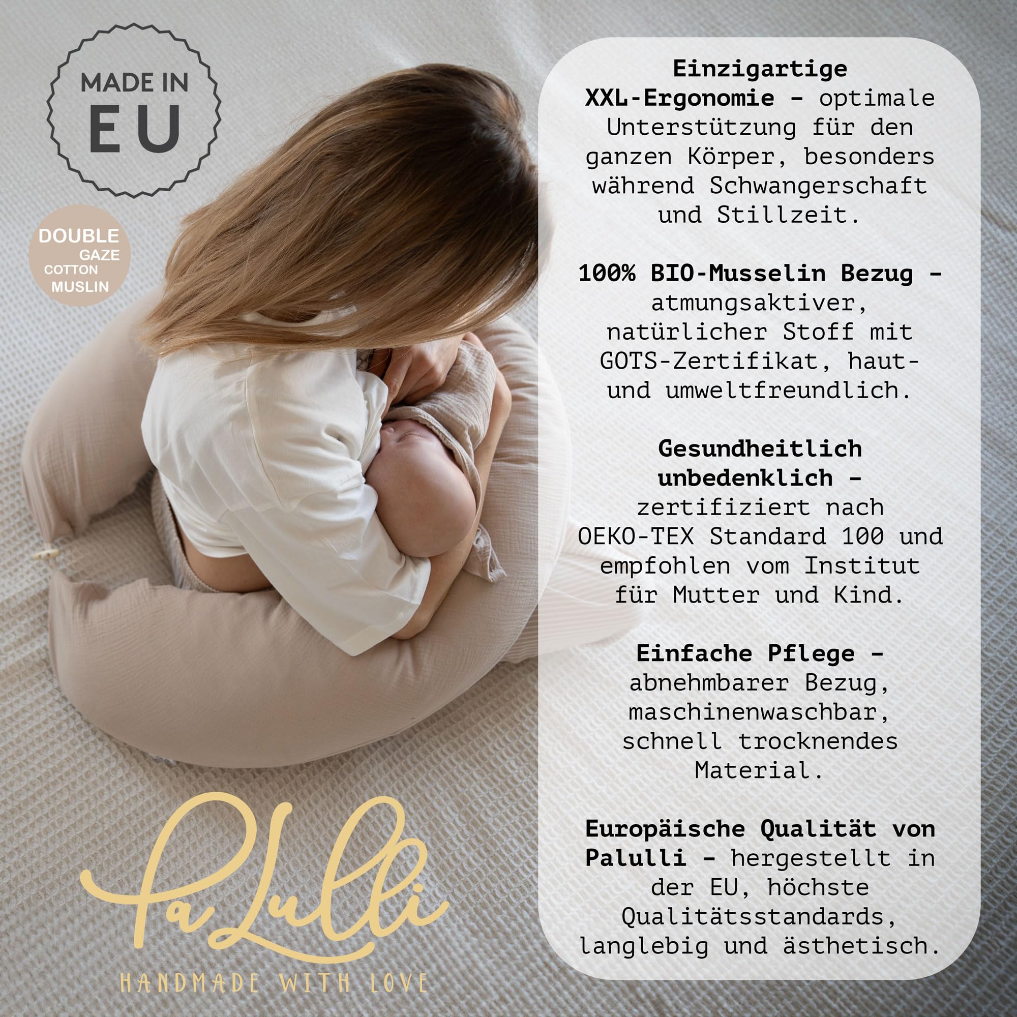 PaLulli® Cuscino ergonomico XXL per allattamento 190 x 30 cm con rivestimento in cotone mussola biologico, ideale per gravidanza e chi dorme sul fianco, comfort e sostegno per adulti e mamme (verde)