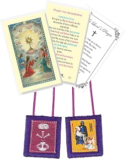 Purple Scapulars Catholic Necklace - Laminated Benediction Prayer Card, The Lord's Prayer - Purple Scapular Of Benediction And Protection Theme Scapularios Catolicos Set of 3 Items