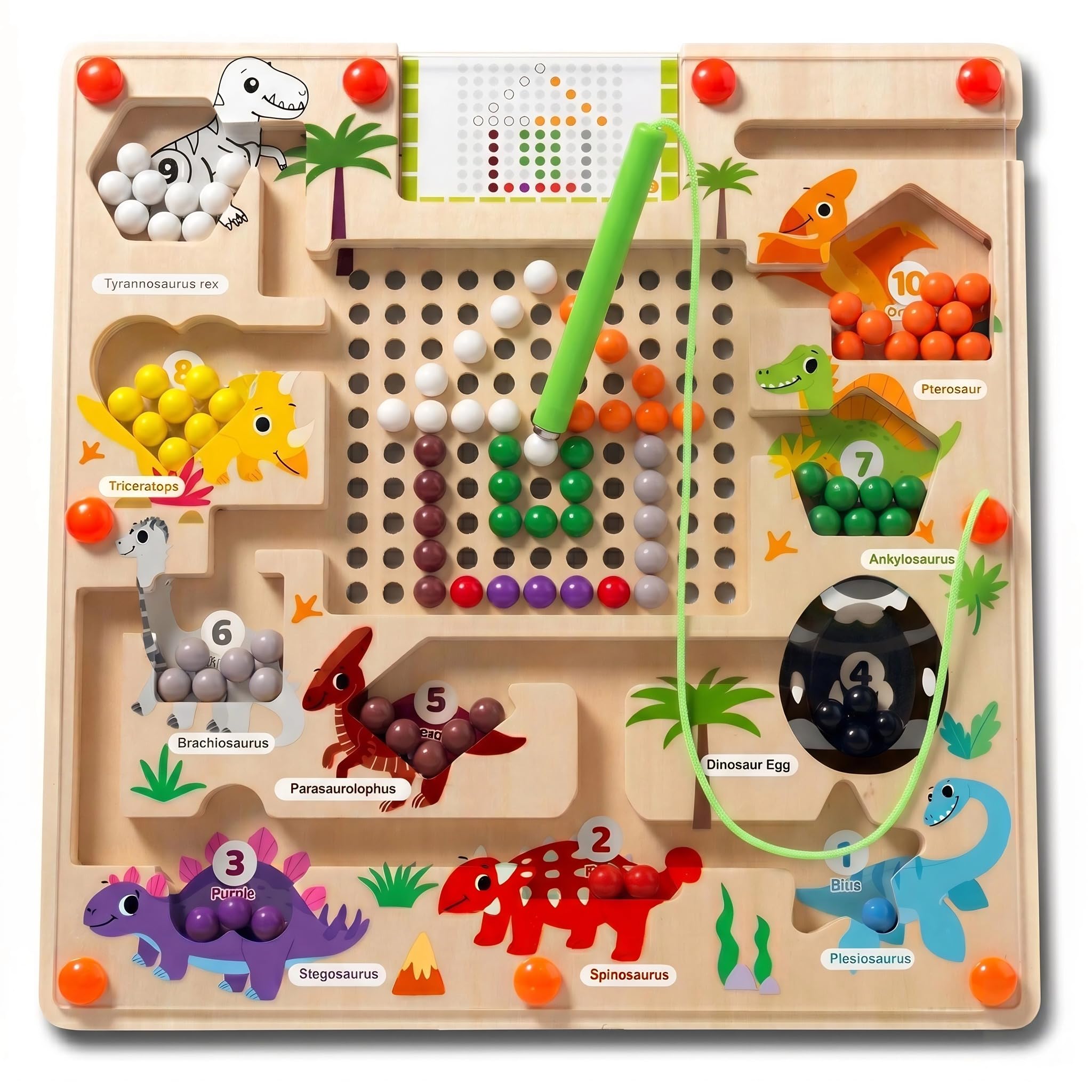 Dinosaurier Magnetisches Labyrinth Spielzeug aus Holz, Montessori Lernspielzeug ab 3 Jahre, Zählspiel & Farbsortierung mit Magnetstift, Feinmotorik Training Logikspiel für Kinder Jungen Mädchen | Zählspiel Lernspielzeug Hand-Auge-Koordination Geschicklich