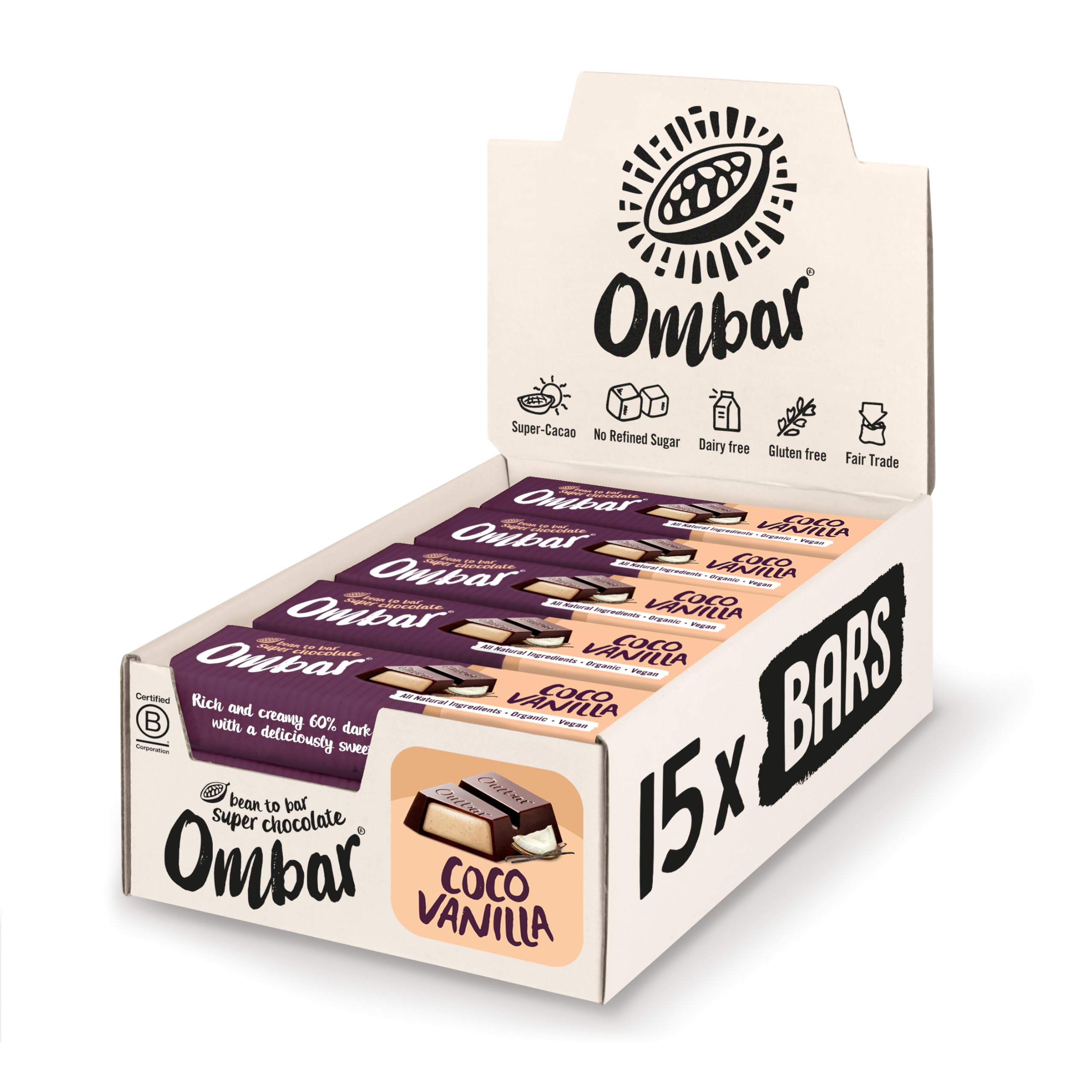 Vegan Chocolate - Ombar Coco Vanilla, Deep Filled Centres (42g x 15 Bars) Organic, Fair Trade, Dairy Free and Gluten Free Chocolate