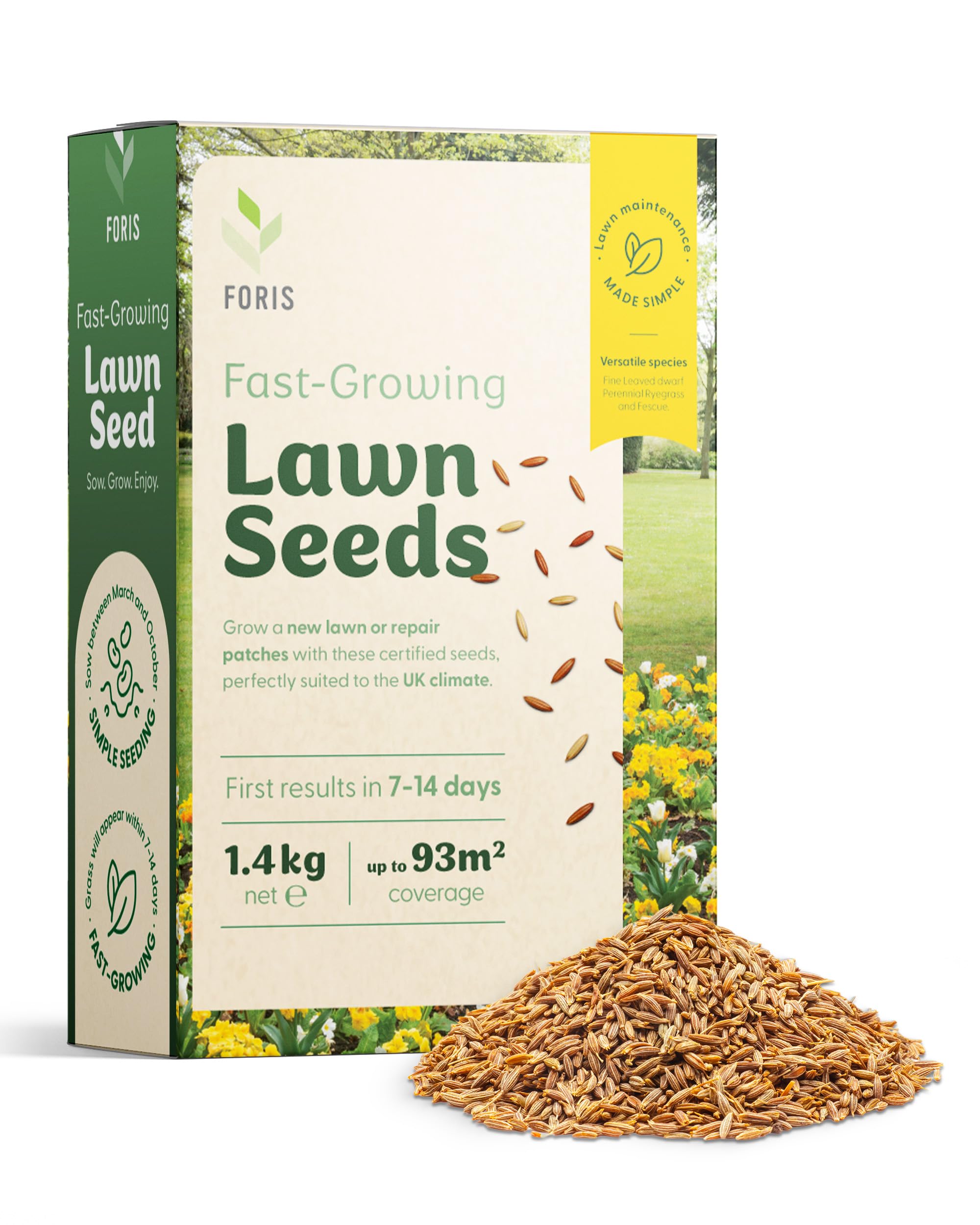 Foris Fast Growing Lawn Seed 1.4kg - Covers Up to 93m² Overseeding Capacity, Quick Germination Grass Seed 7–14 Days – Lawn Repair, Durable Hard Wearing Blend, Low Maintenance UK Climate Grass
