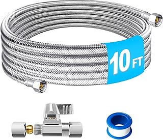 Refrigerator Water Line Kit - 10FT Stainless Steel Braided Ice Maker Water Line with Brass Ball Valve,Foodgrade PEX Inner Hose Fridge Water Line with 1/4" Comp Fitting and 1/4" Comp Valve