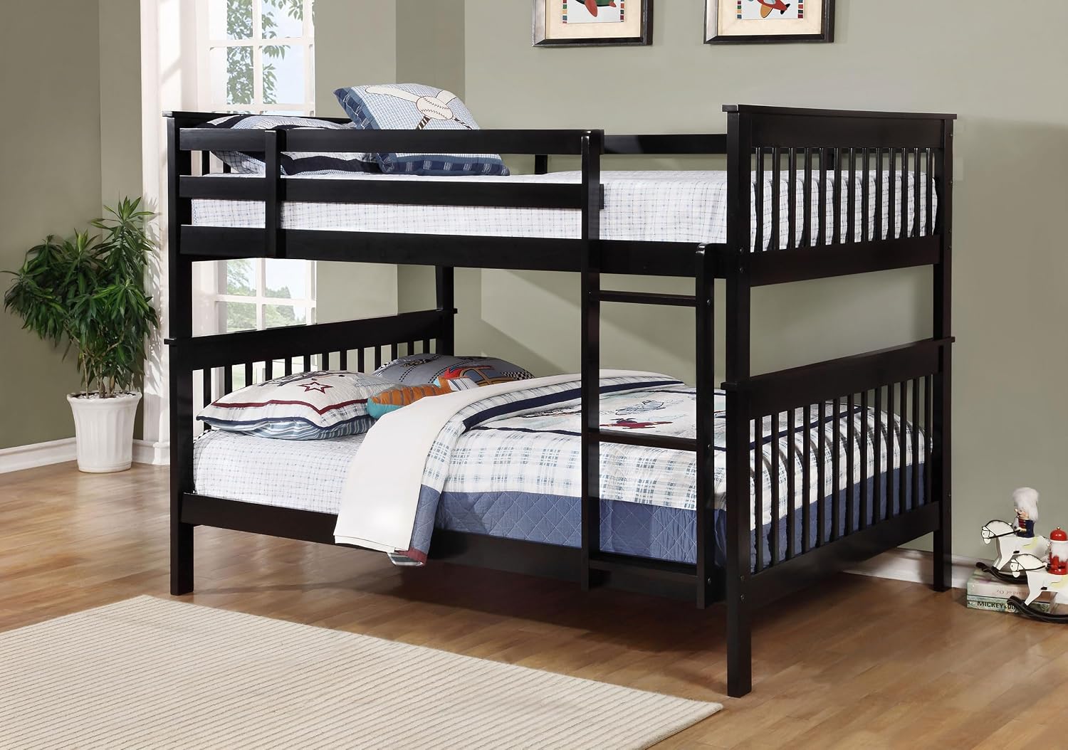 BOWERY HILL Transitional Wood Full Over Full Bunk Bed, Black Finish, Solid Pine and Plywood Construction, 60.75 in H x 79.75 in W x 59.5 in D, Built-in Ladder, Separates into Two Beds, Kids or Guest