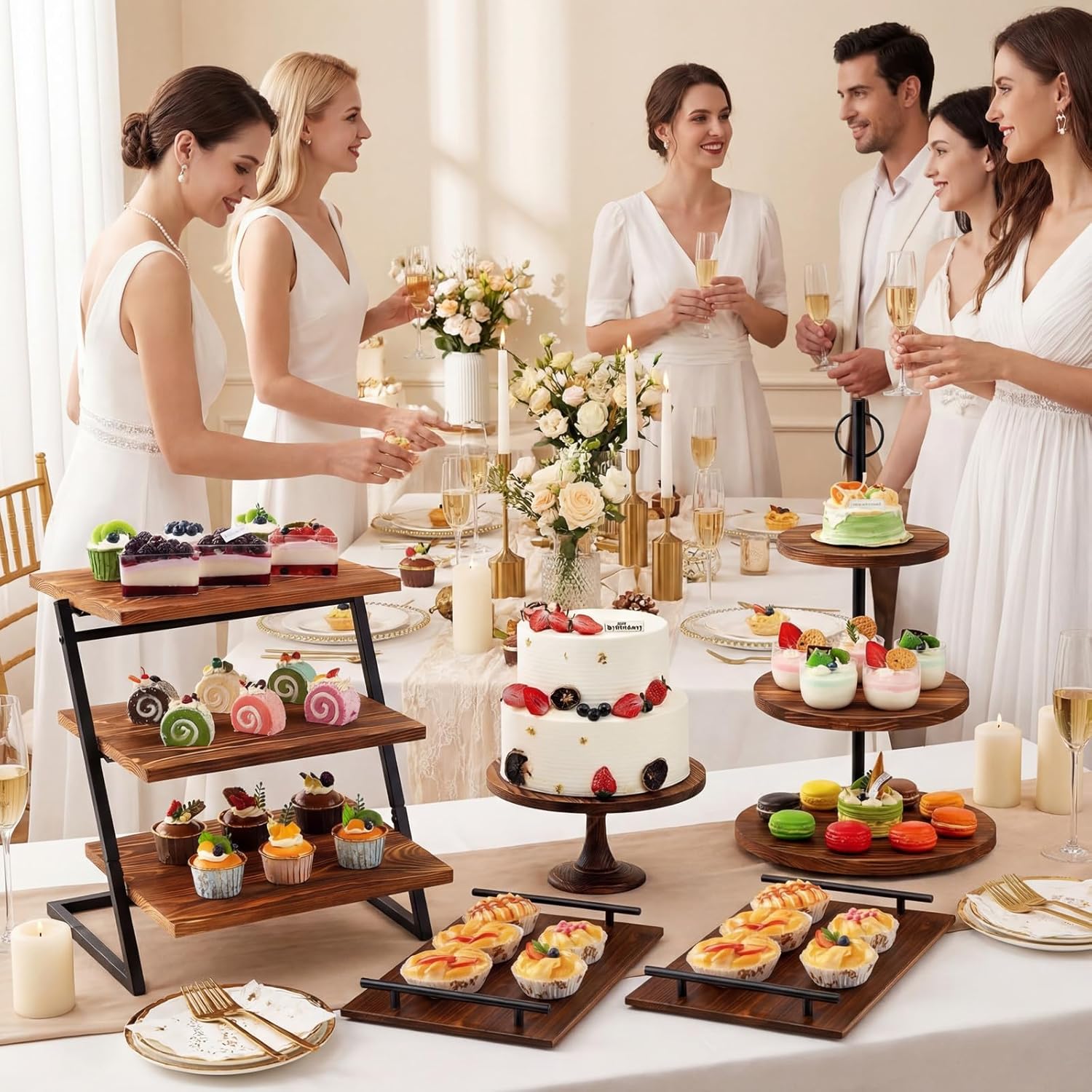 Roowest Wood Dessert Table Display Set of 5 Pcs Cupcake Stands - Desert Table Display Set Holds 200 Cupcakes, Dessert Stands for Farmhouse Rustic Birthday Party Wedding Anniversary