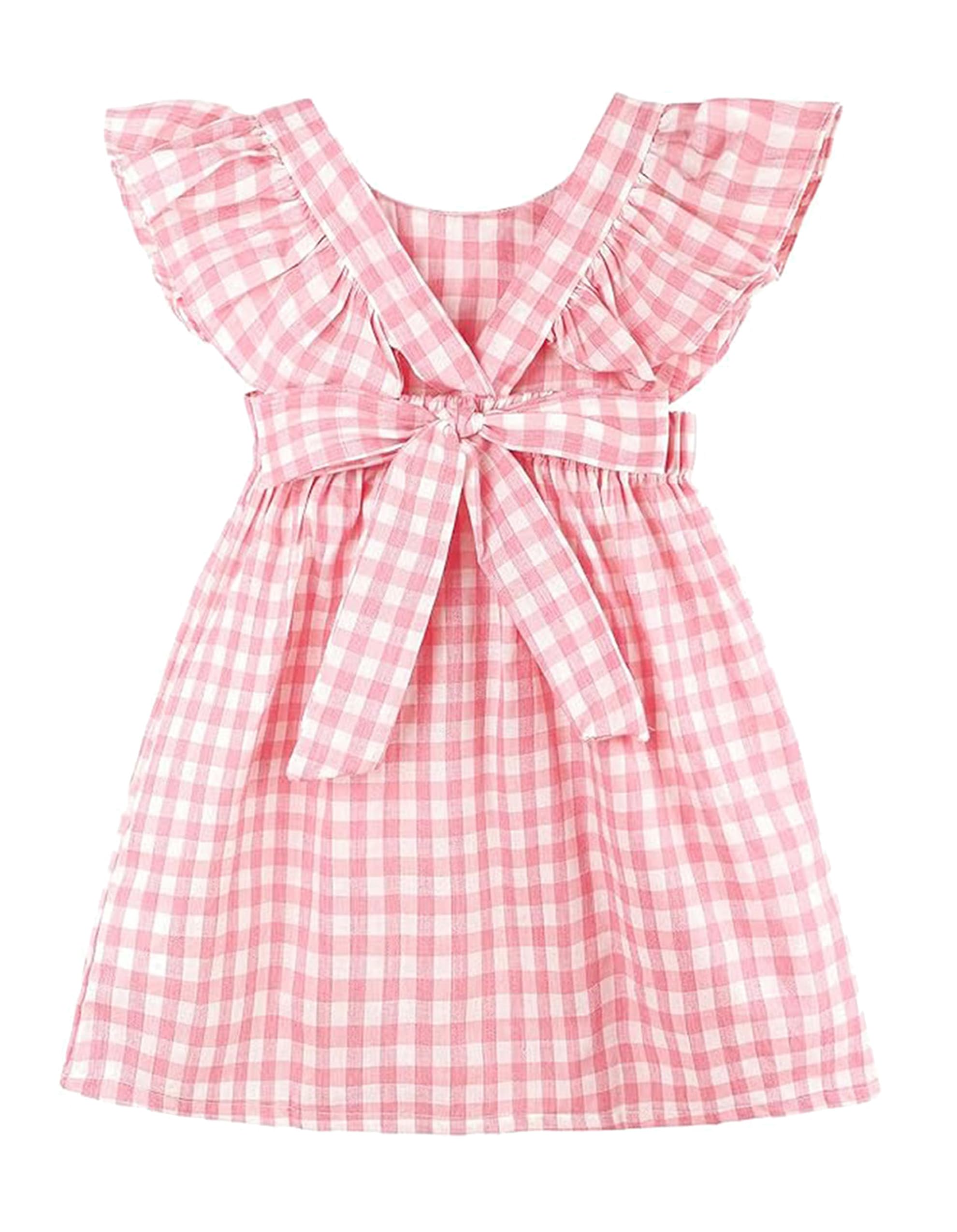 MJBGSHOW Toddler Baby Girls Gingham Dress Ruffle Sleeve Backless Plaid Dresses Holiday Casual Spring Summer Dress Size 6M-6T