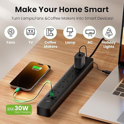 Vista 9 de GHome Smart Regleta de alimentación con 6 tomas inteligentes y 3 puertos USB (carga rápida de 30 W, 2A1C), protector de sobretensiones WiFi funciona