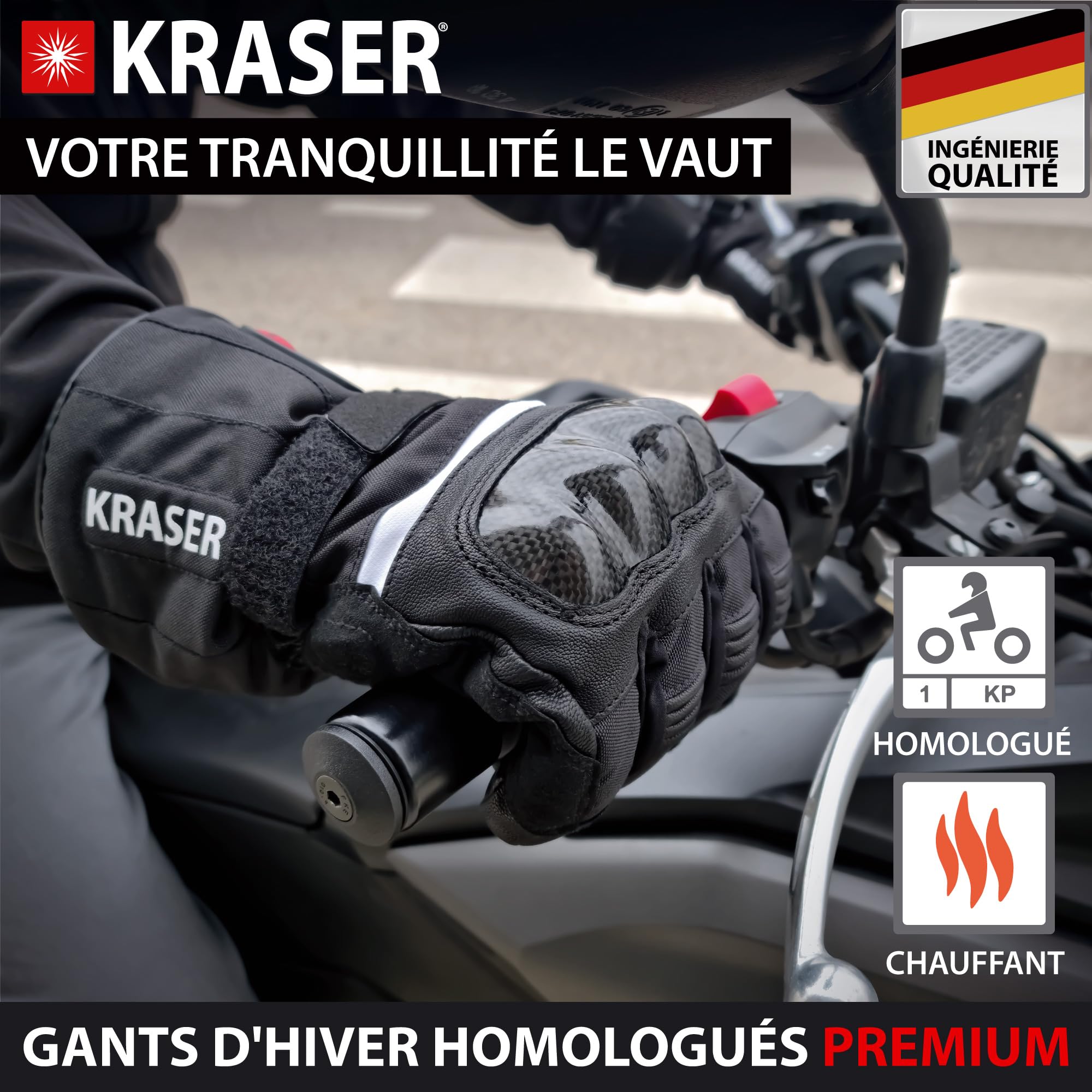 KRASER KRGS28-XXL Gants Moto Homologué Premium, Chauffants et Imperméables de Haute Qualité, Testé Extrême et Protection en Fibre de Carbone, 3 Niveaux de Chaleur, Gants Moto Hiver pour Homme et Femme