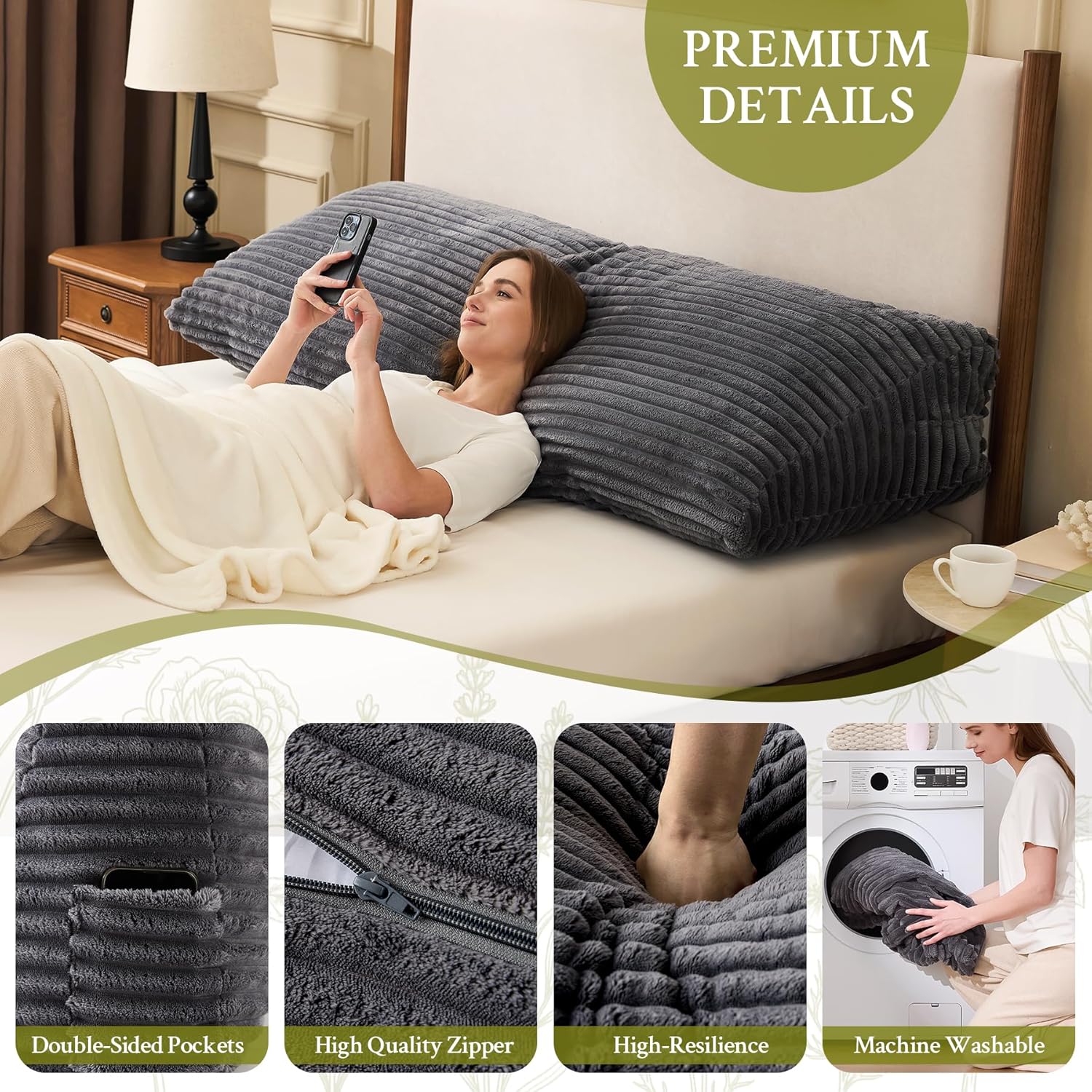 Headboard Pillow Queen, Headboard Wedge Pillow, Back Rest Pillows for Sitting, Reading, Working, Triangle Pillow with Removable Cover, Daybed Pillows for Bed Dorm Sofa, Dark Grey