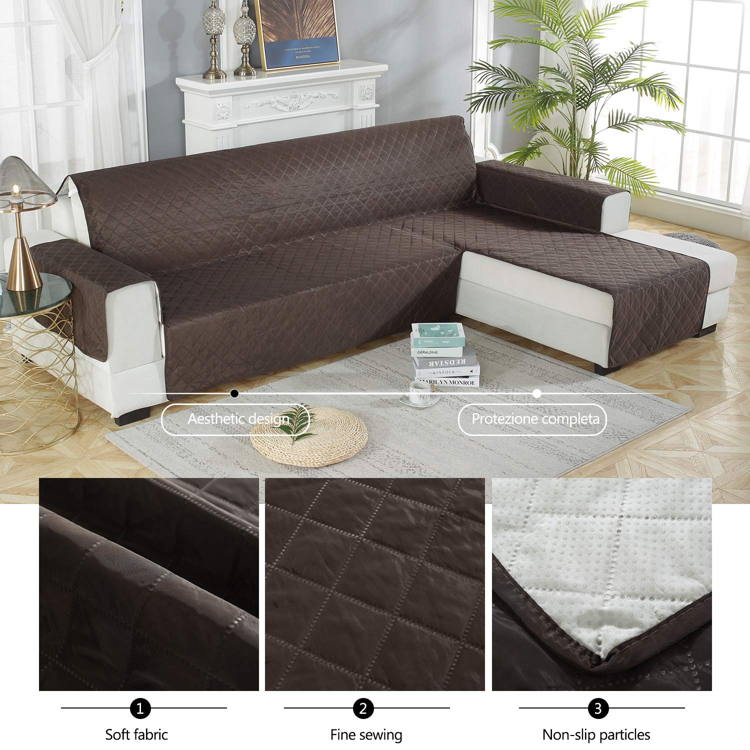 PETCUTE Impermeable Fundas para Sofa Chaise Longue 3 Plazas,Fundas Sofas Universal,Cubre Sofa Chaise Longue Anti Gatos y Perro Derecha 240X270cm