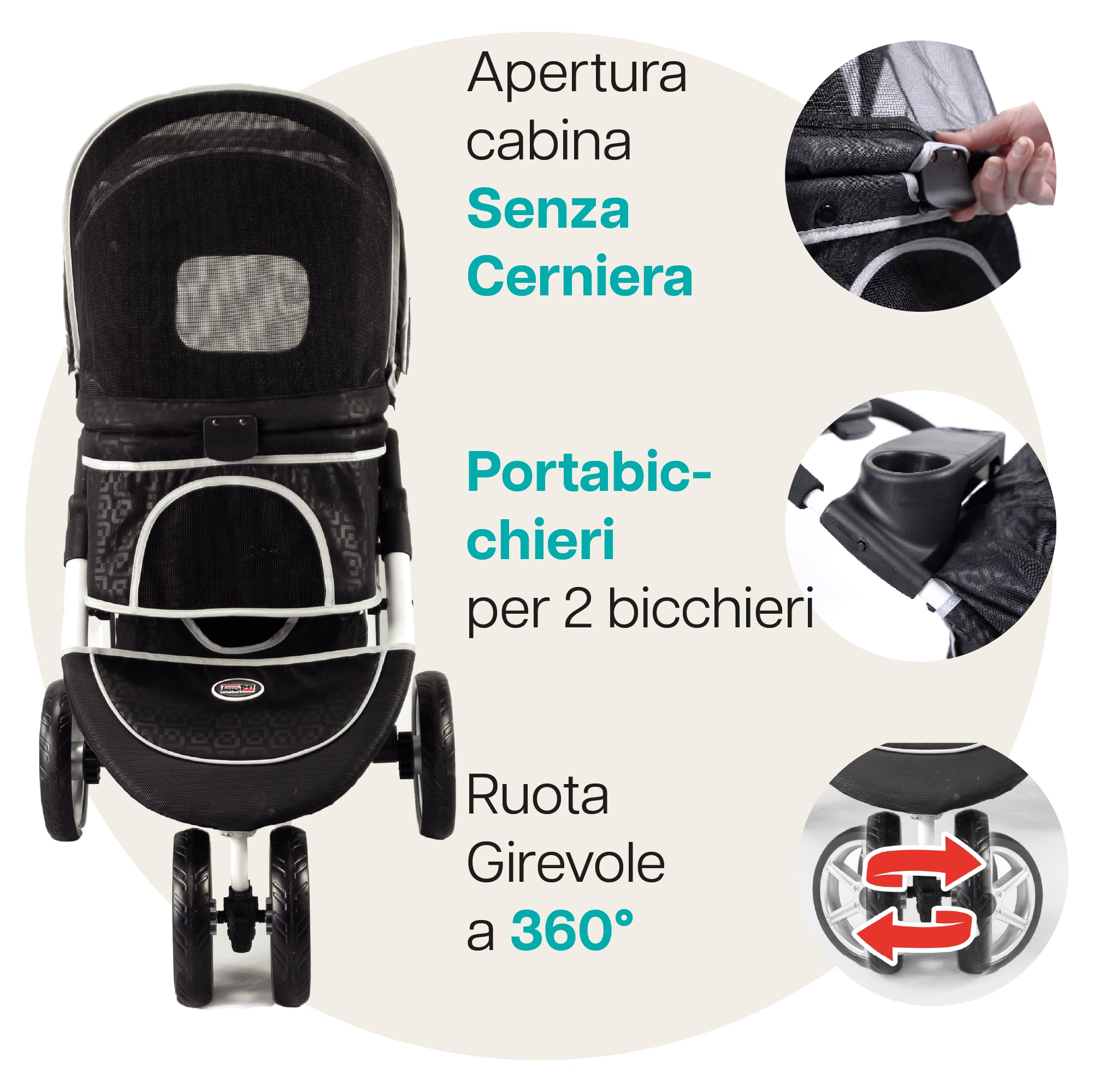 Innopet Monaco Passeggino per cani e gatti nero con copertura antipioggia, capacità 25 kg, pieghevole con una sola mano - Cestino portaoggetti convertibile - Cuscino double face