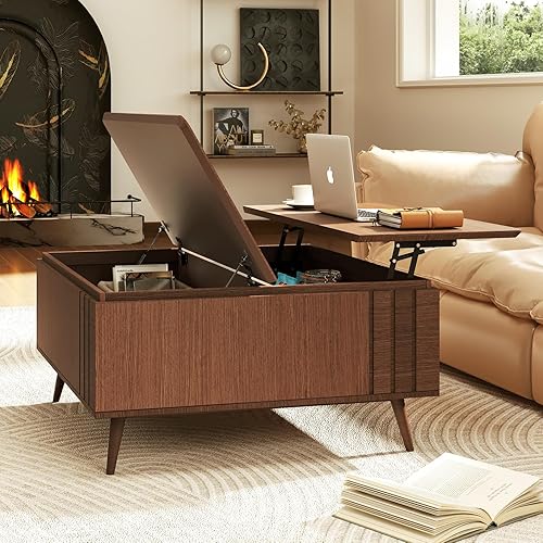 Lift Top Coffee Table with Storage and Hidden Compartment, Retro Central Table with Wooden Lift Tabletop, Mid Century Modern Wood Coffee Table for Living Room,Cherry