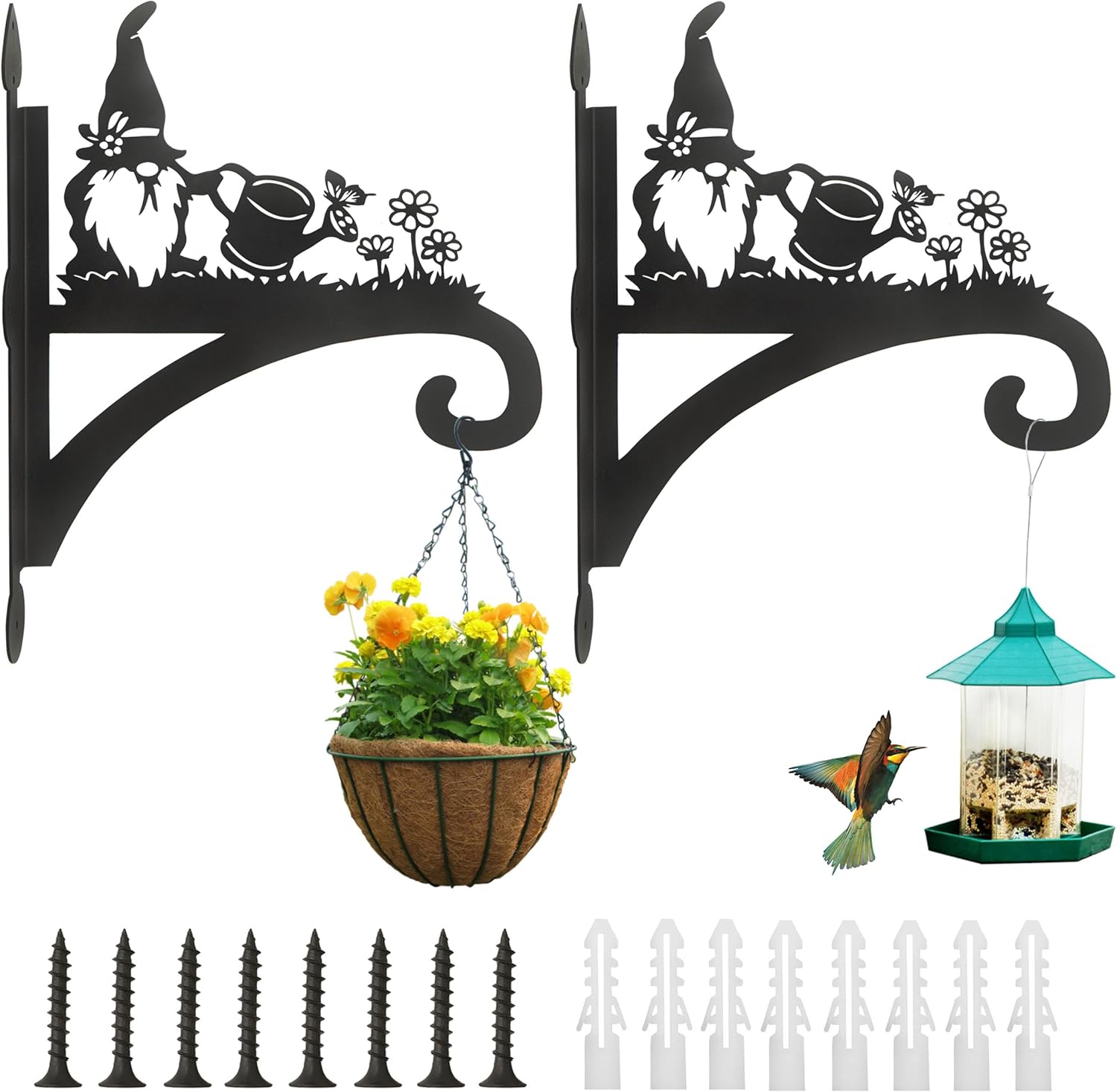 2 Pack Hanging Plant Bracket Gnome Plant Hanger Hooks Outdoor Heavy Duty Iron Hanging Basket Hooks Wall Mounted Silhouette Hanging Hooks for Flower Pot,Bird Feeder, Lantern, Wind Chimes