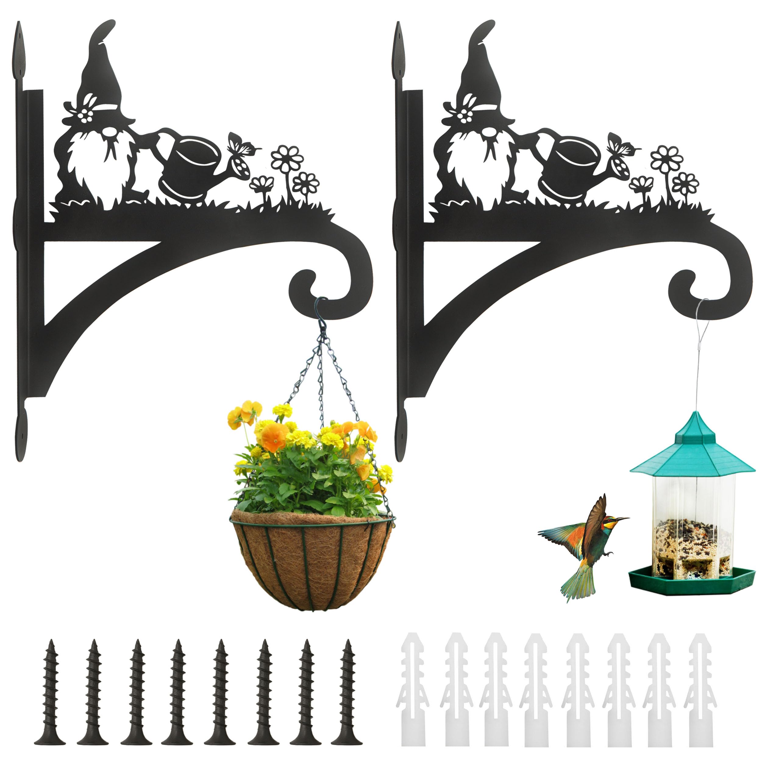 KVTTOZA 2 Pack Hanging Plant Bracket Gnome Plant Hanger Hooks Outdoor Heavy Duty Iron Hanging Basket Hooks Wall Mounted Silhouette Hanging Hooks for