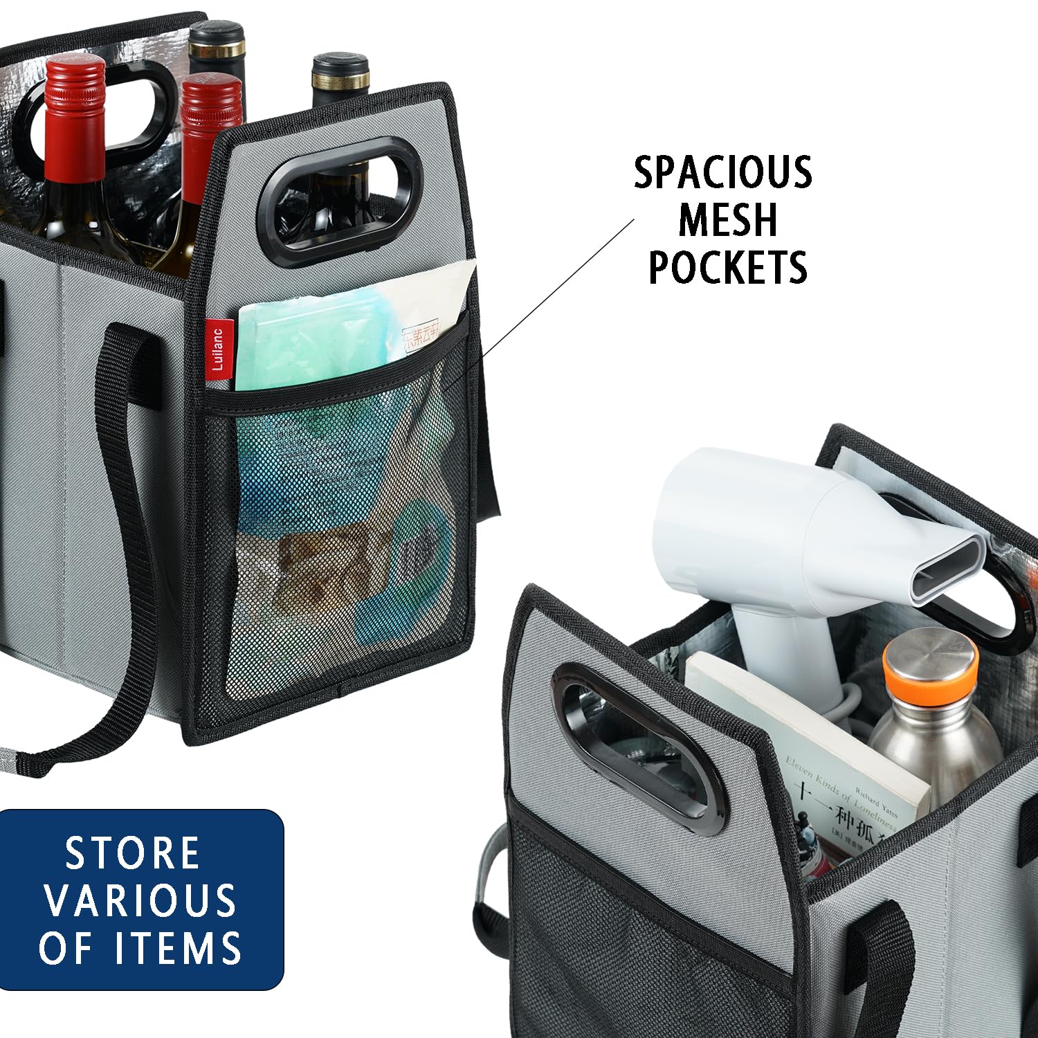Portabotellas plegable reutilizable con correa para 6 botellas (gris, 4 botellas)