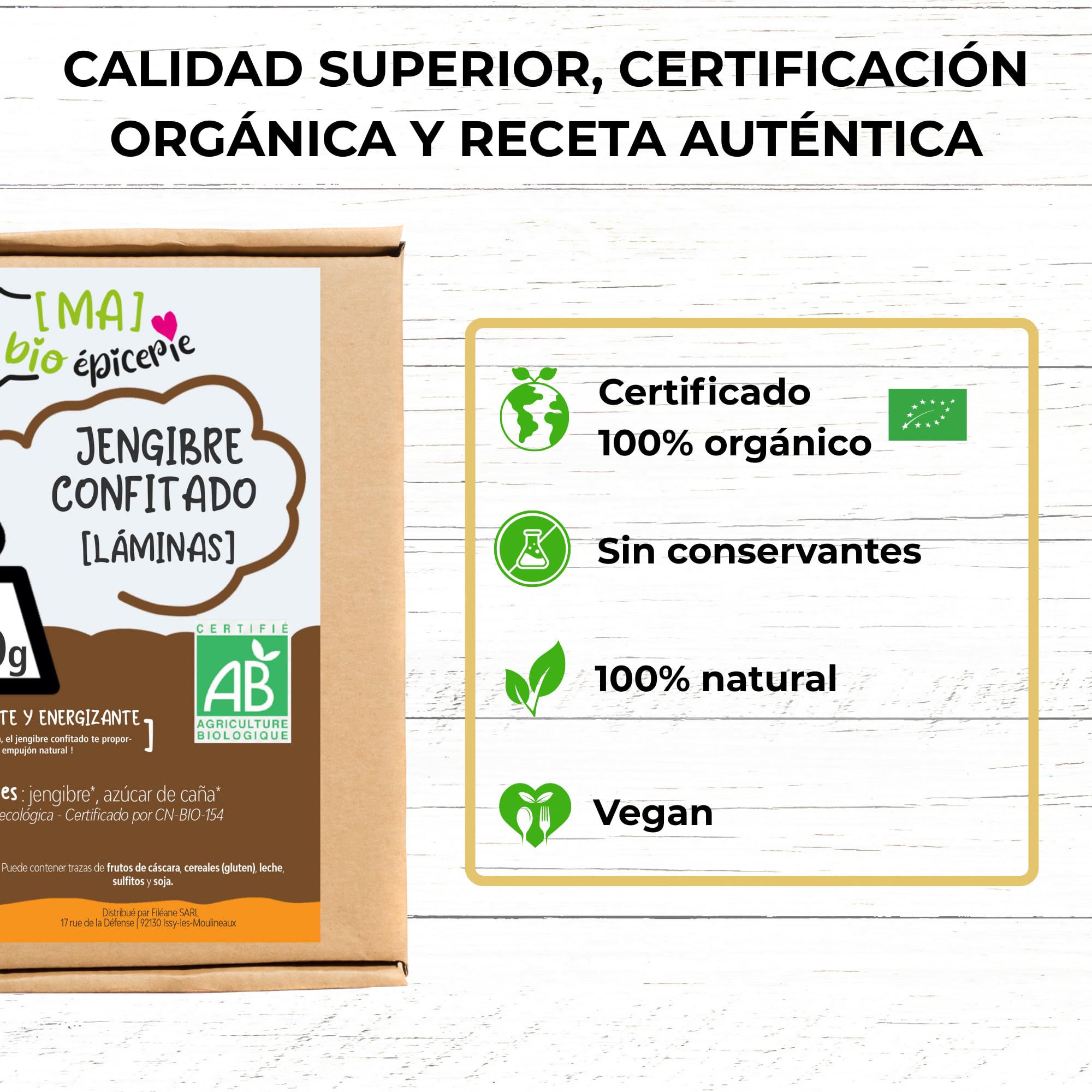 MA bio-épicerie - Jengibre Confitado Ecológico en Láminas 440 g - Jengibre Deshidratado a Granel sin Conservantes - Fruta Confitada Eco para Cocina y Degustación