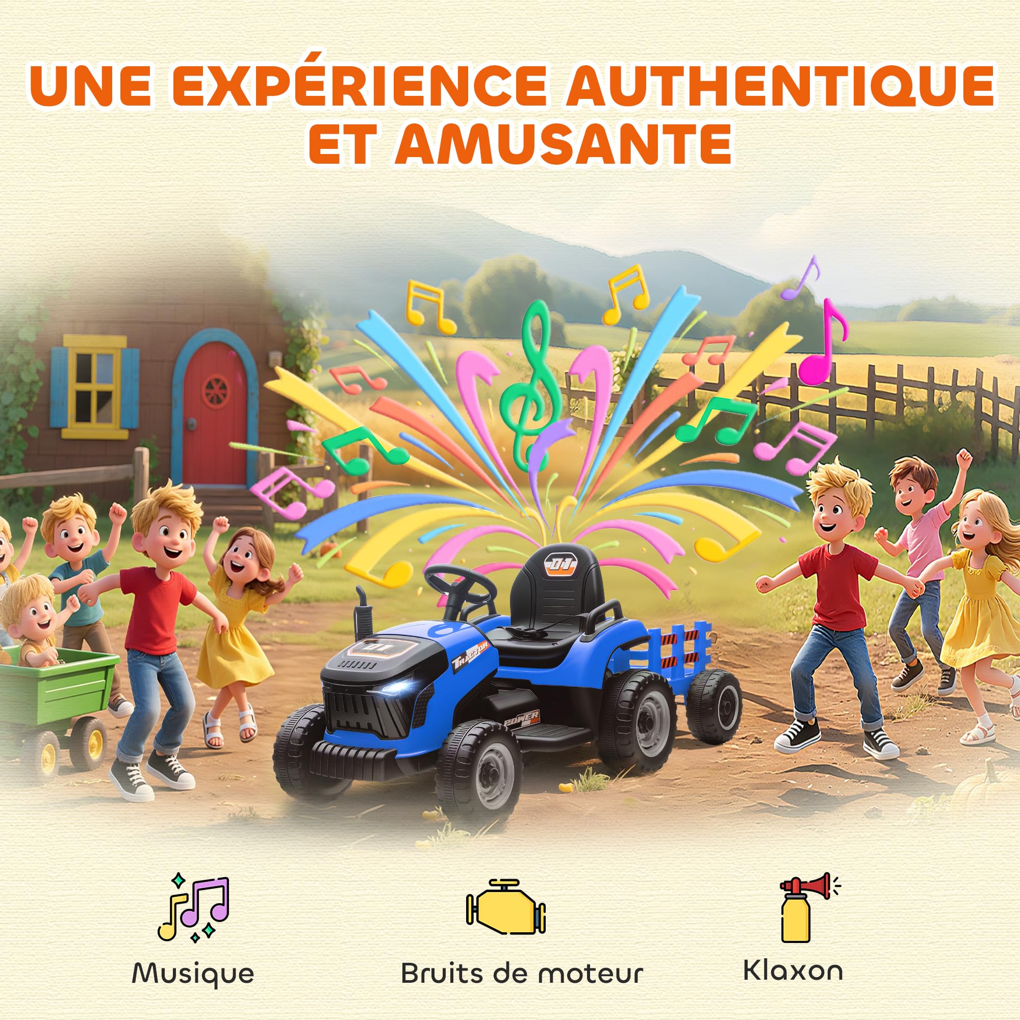 AIYAPLAY Tracteur électrique Enfants avec remorque amovible, Voiture électrique 6 pneus télécommande 2,4G LED Musique 3 Vitesses 3-8 Ans Bleu