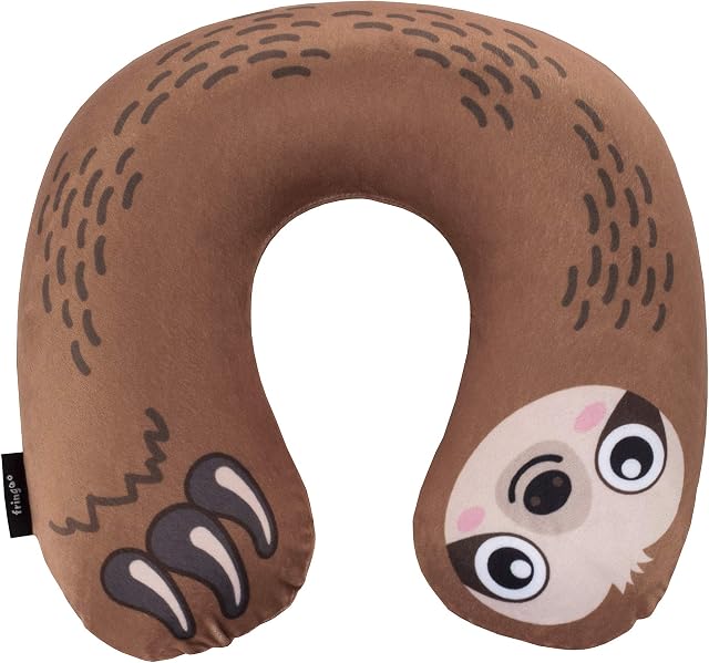 FRINGOO Inflatable Travel Pillow for Women Men Kids Soft Velour Neck Support Aeroplane Cushion Compact Unicorn Sloth Lama Rainbow (Sloth)