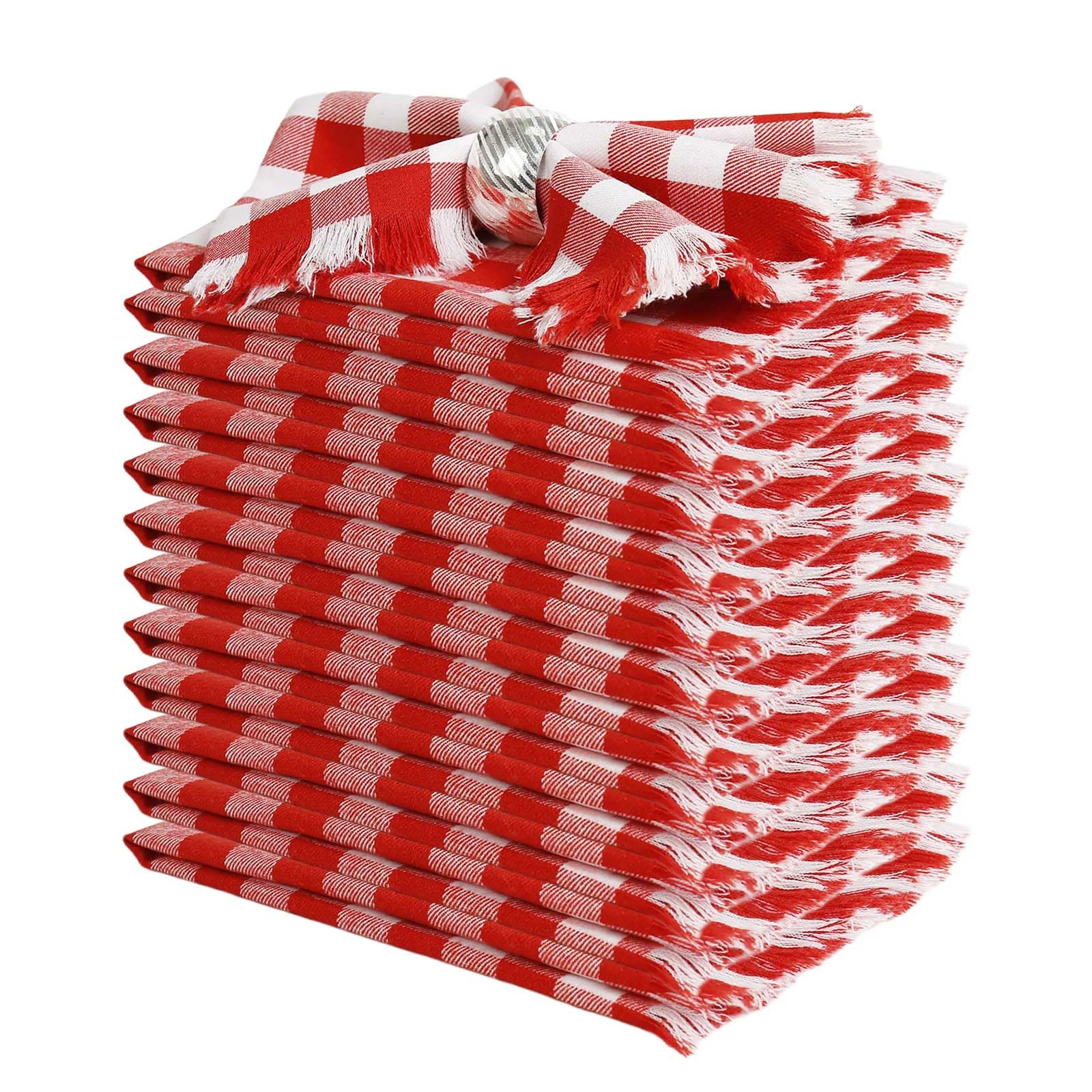 Set di 12 tovaglioli di stoffa fatti a mano in 100% cotone con frange, 43 x 43 cm, tovaglioli a quadri rossi per il Ringraziamento, Natale, pasti quotidiani