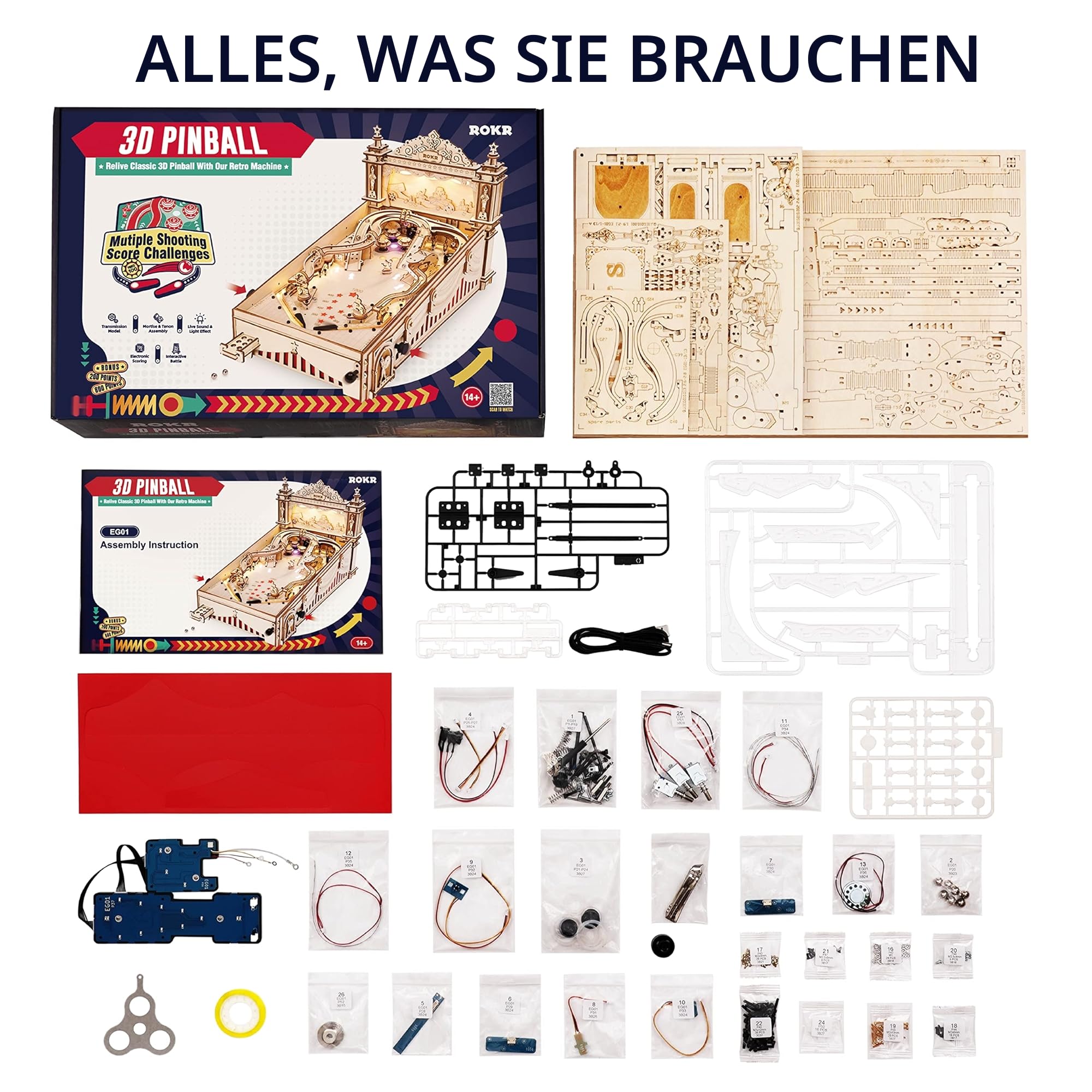 ROKR Holz Pinball Flipper Modellbausatz 3D Holzpuzzle Erwachsene Flipperautomat Tischspiel Geschenkidee für Männer Frauen