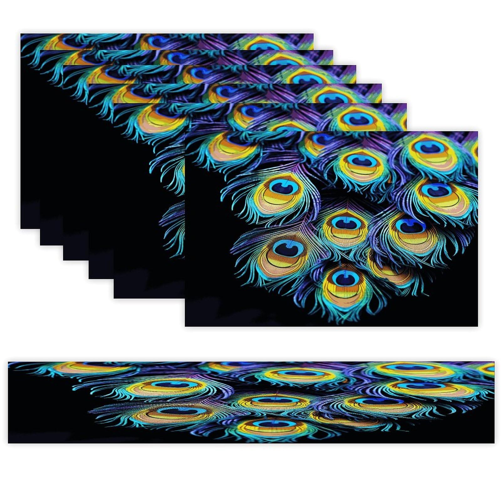 A Bunch of Peacock Feathers Table Runner and Placemats Set of 6 Wipe Clean Heat Resistant Table Mat with Table Runner Decorations Flax Linen Place Mat Set for Home Kitchen Party Supplies