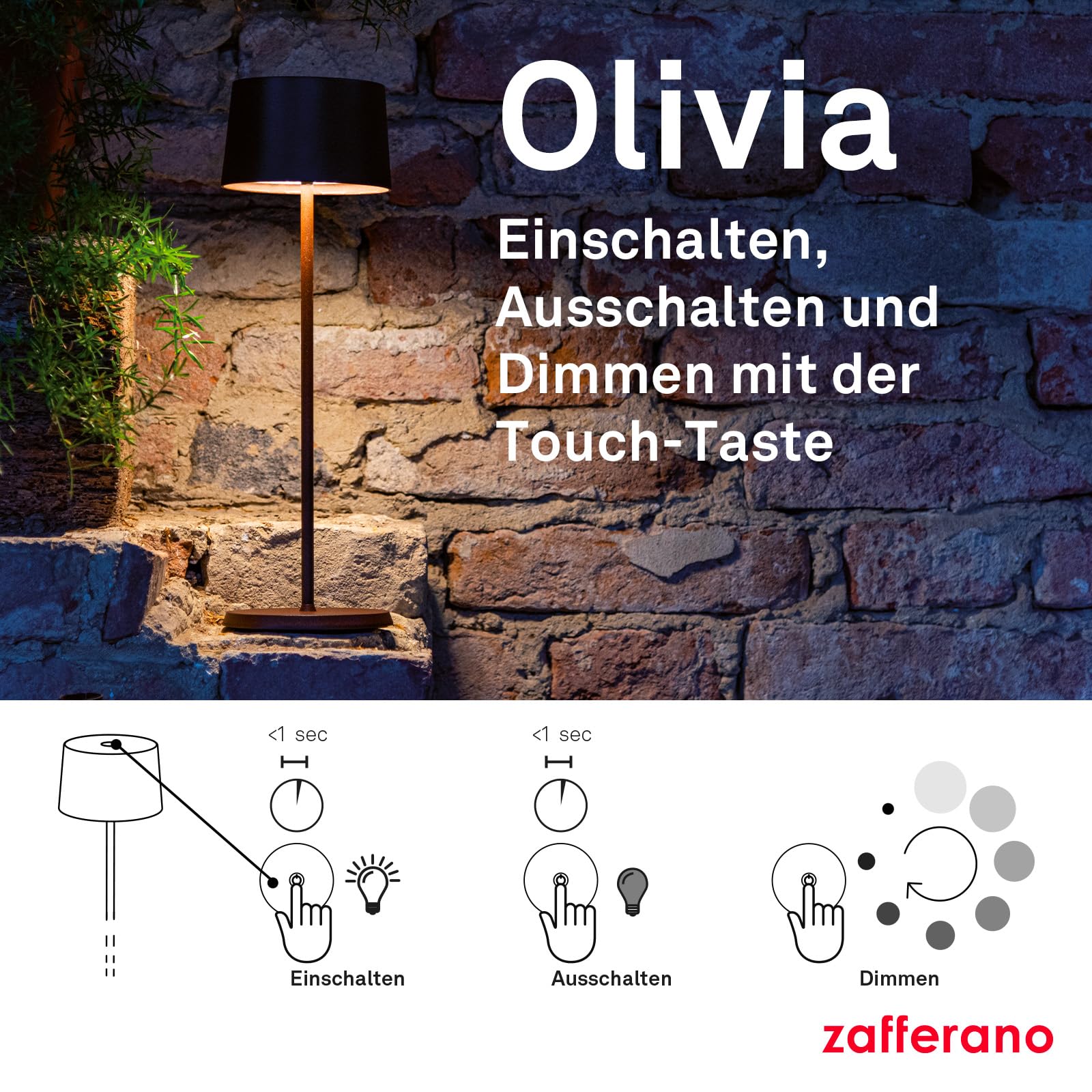 Zafferano, Olivia Pro Lampe, Tragbare und Wiederaufladbare Tischlampe mit Touch Control, Geeignet für Wohnzimmer und Außenbereich, Dimmer, 2200-3000 K, Höhe 35 cm, Farbe Dunkelgrau