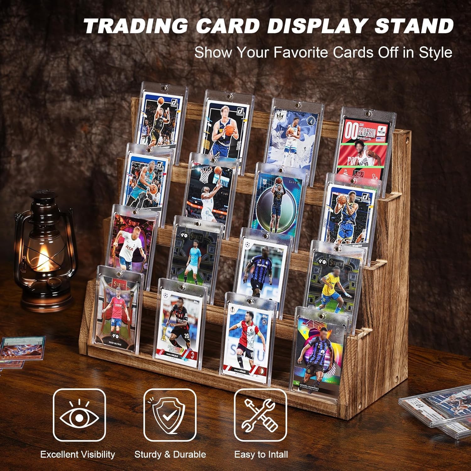 Expositor de tarjetas coleccionables, 4 niveles, madera, soporte para tarjetas de béisbol, soporte para tarjetas con soporte para tarjetas y compartimentos ajustables para tarjetas deportivas