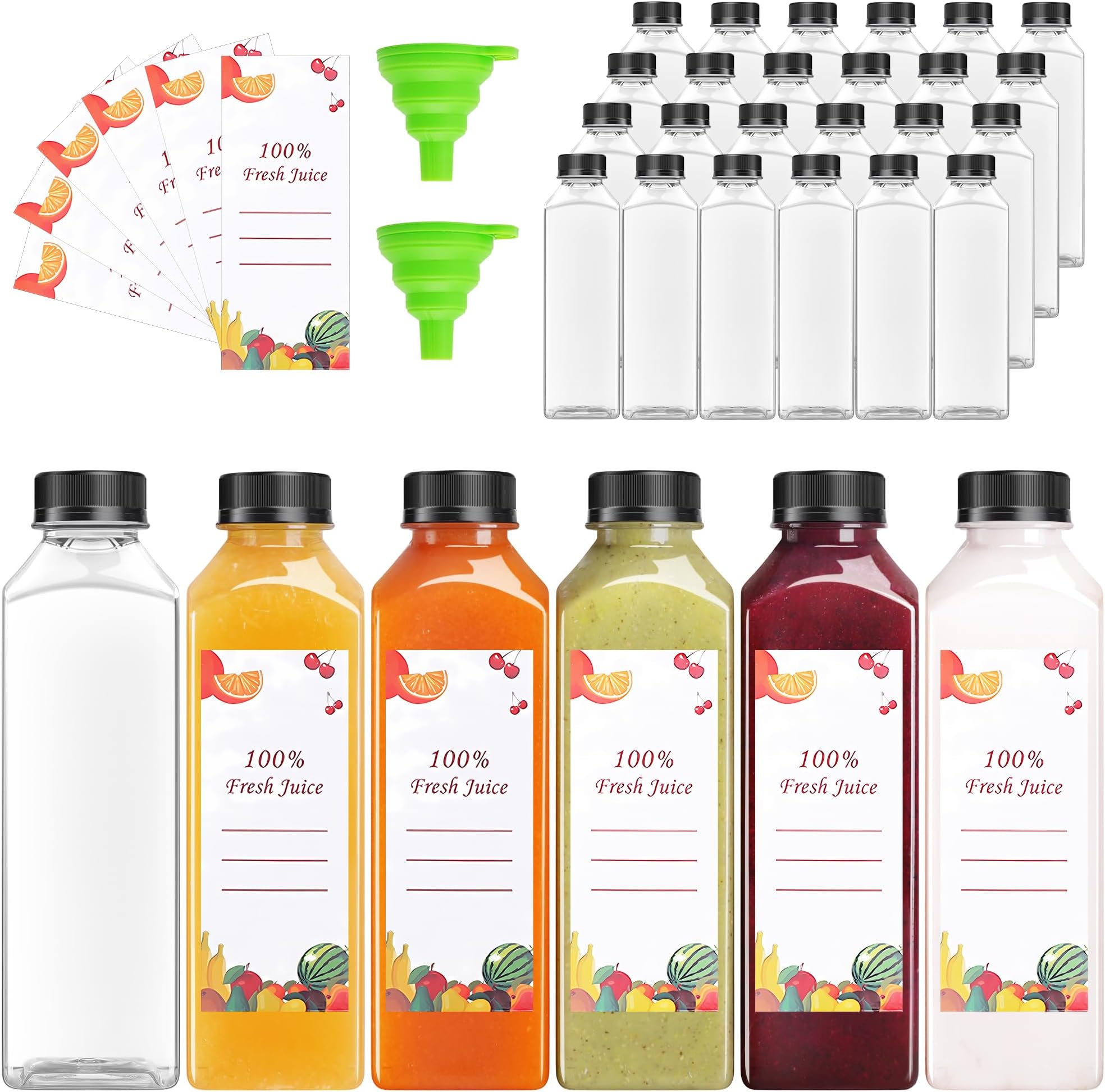 OBKJJ Plastic Juice Bottles 150 pcs 24 oz Empty Plastic Water Bottles with Caps Reusable Clear Beverage Containers for Drinking, Juicing, Smoothie, Water with 2 Brushes, 2 Funnels (24-OZ)