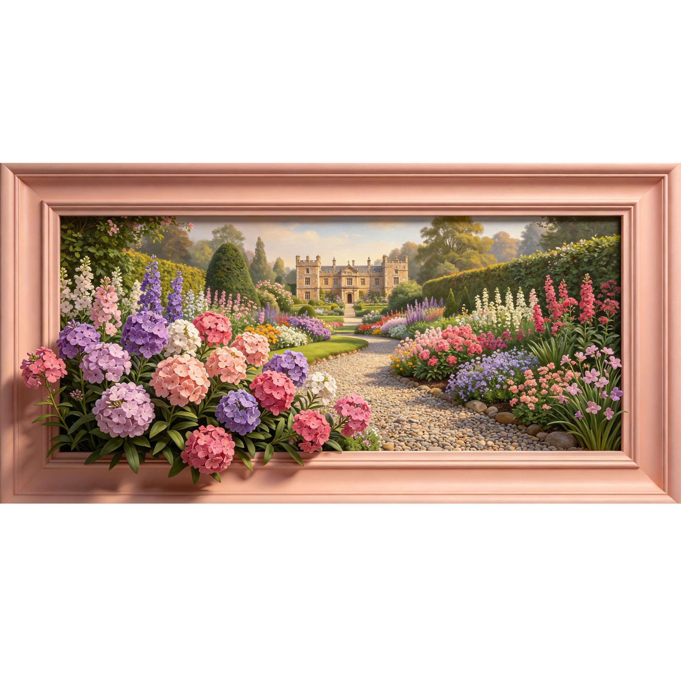 Agglomerix 3D Framed Wall Art Botanical Landscape Manor Garden Pathway Hydrangea Large Size Self-Adhesive Removable Wall Decor Prints Artwork for Living Room Bedroom Office