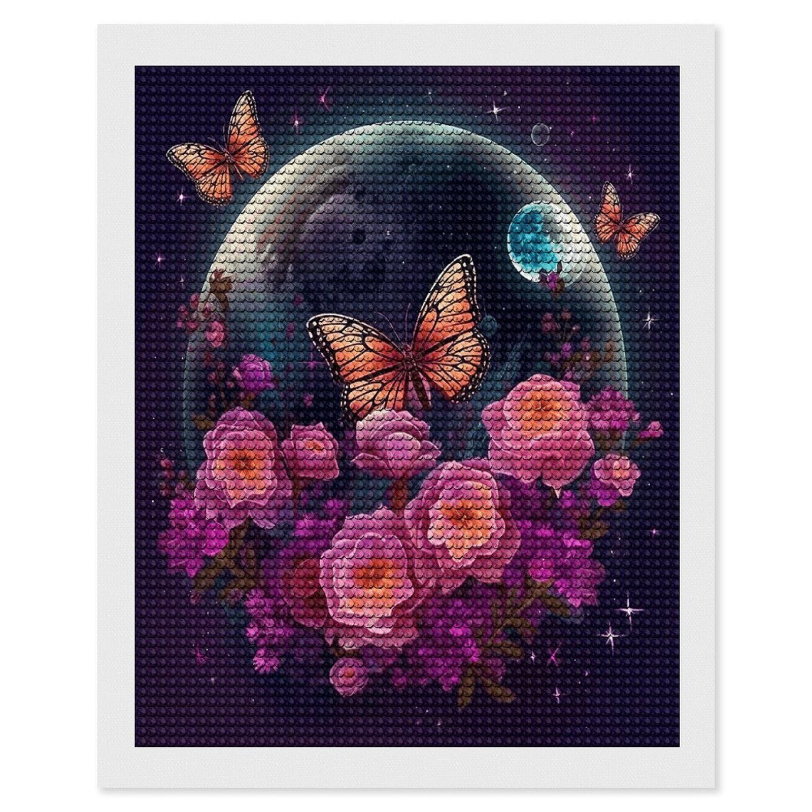 Moon Flowers and Butterflies Diamond Art Kits for Adult Round Full Drill Diamond Dots Paintings for Beginner Picture Art DIY Diamond Painting Kits 5D Diamond Art Painting for Home Wall Decor 16"x20"