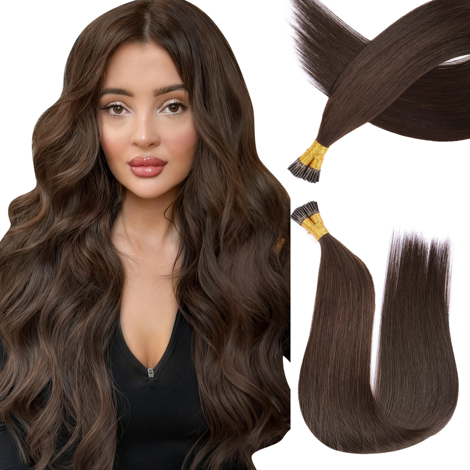 KiiKiiGirl Remy I Tip Hair Extensions Human Hair 18 Inch #2 Dark Brown Itip Human Hair Extensions Invisible Silky Straight 50g/62s