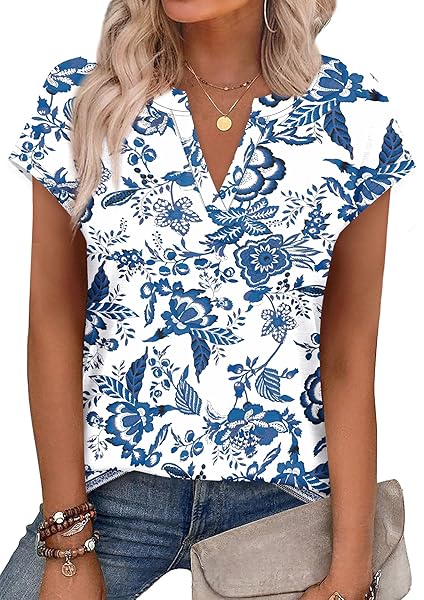 WIHOLL Womens Summer Tops V Neck T Shirts Cap Sleeve Business Casual Outfits Loose Fit Beach Vacation Clothes Basic Tees