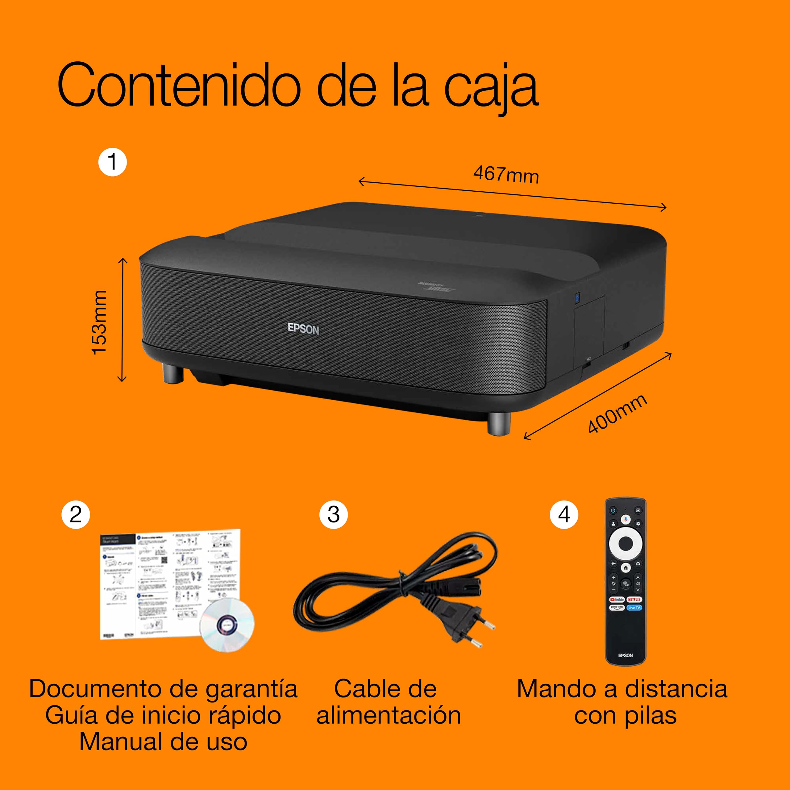 Epson Lifestudio Grand EH-LS670B | Proyector láser Smart TV de Distancia ultracorta | 4K Pro‑UHD | 3600 lúmenes | Imágenes con IA | Sound by Bose | Google TV | hasta 120″ | Garantía de 5 años | Negro