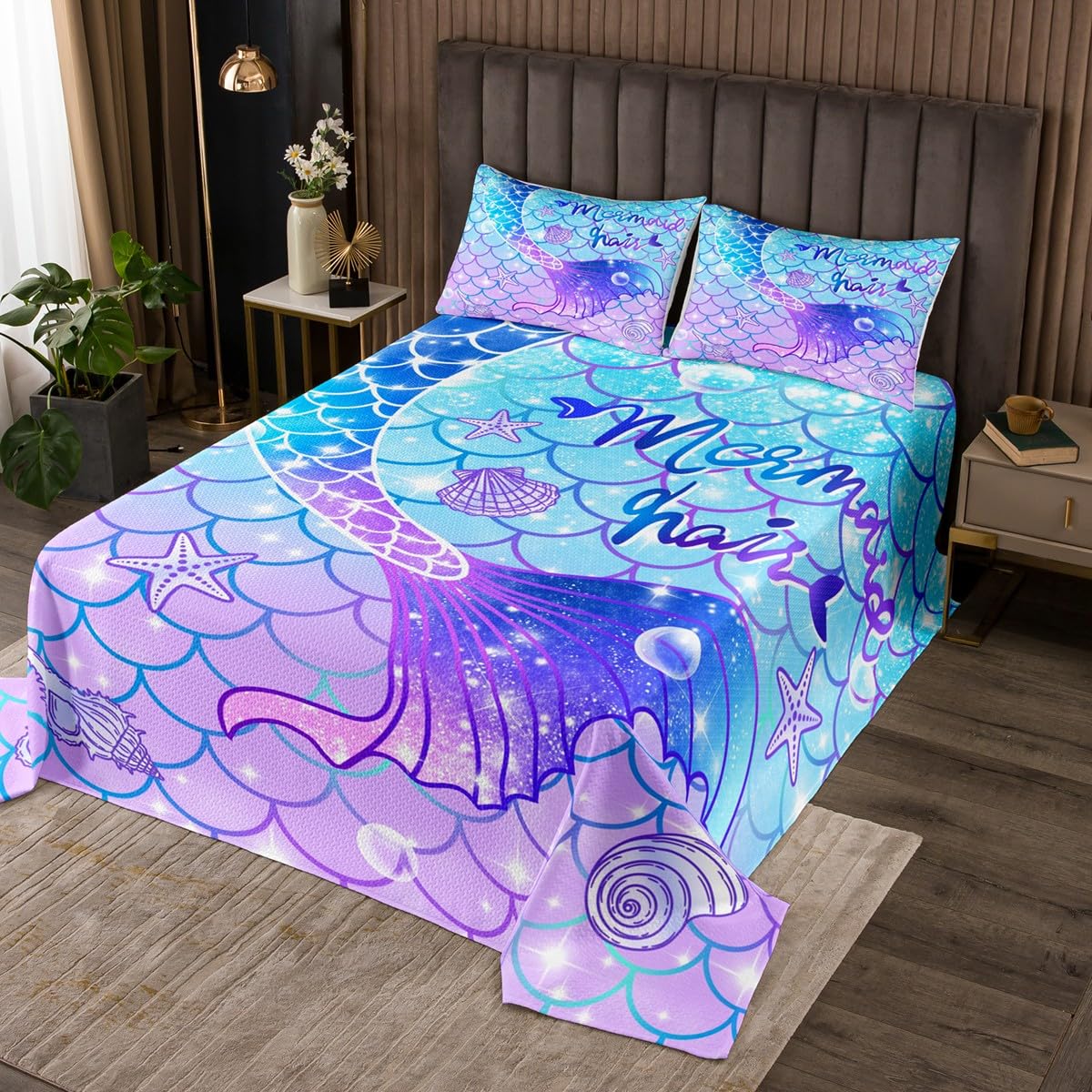 Feelyou Mermaid Bedspread Twin Size for Kids Girls Teal Blue Purple Mermaid Tail Print Bedding Set Cute Coverlet Mermaid Fish Scale Bedroom Glitter Decor All Season