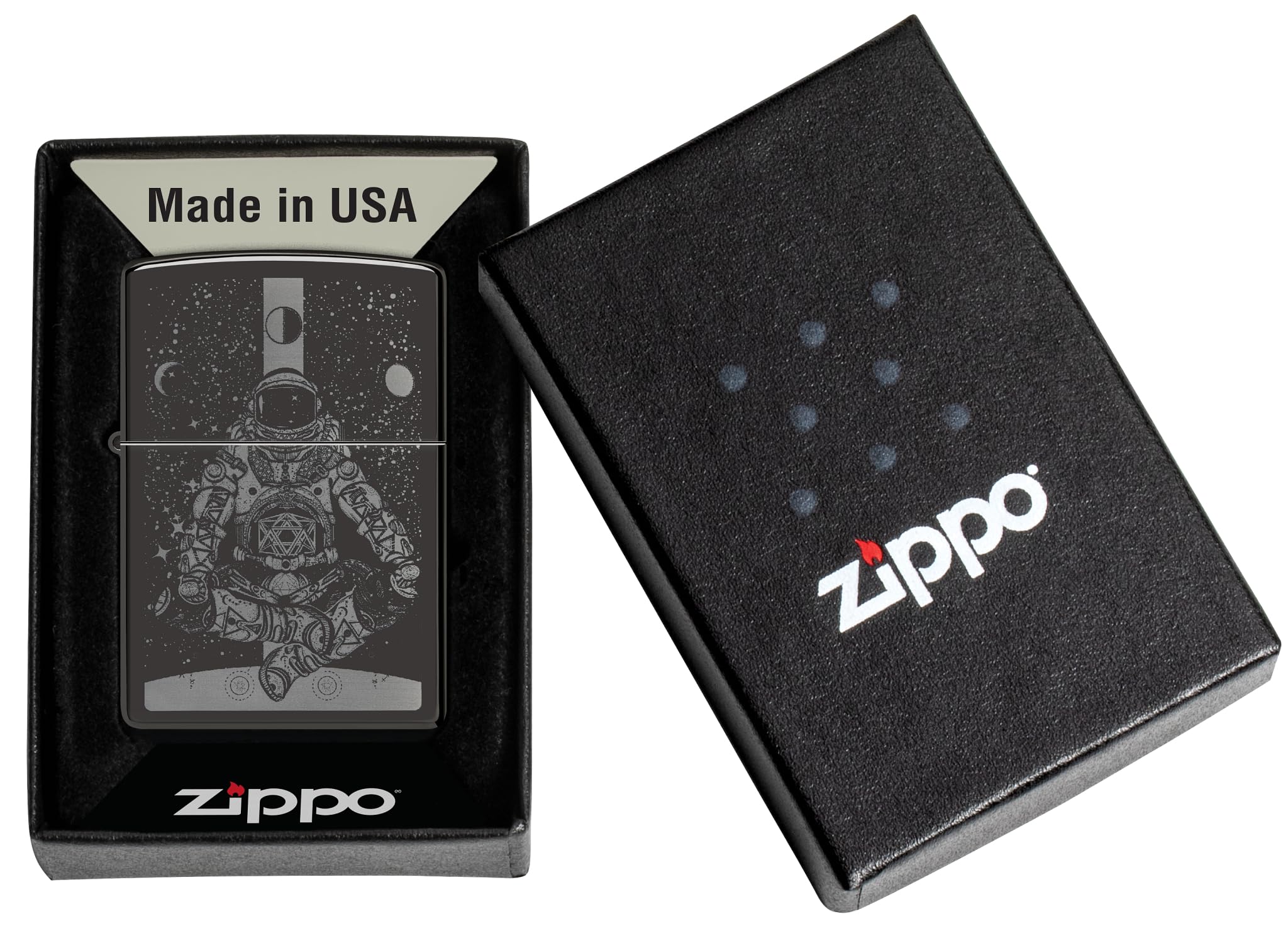 Zippo Accendino antivento astronauta nello spazio, stampa fotografica, ricaricabile, design antivento, confezione regalo, prodotto negli Stati Uniti, nero con lucentezza ottimale