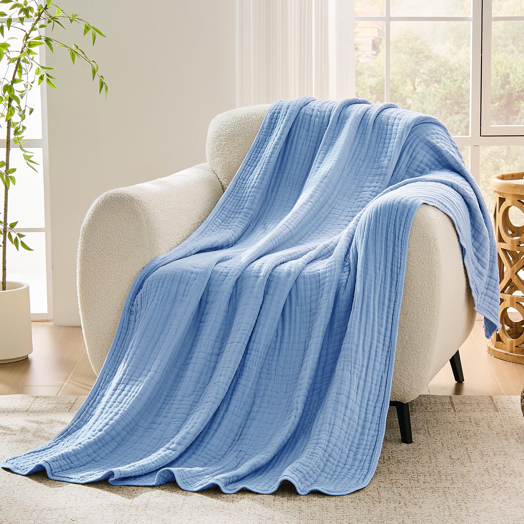 VANJOROY 9-Layer Muslin Throw Blanket King 90" x 108" Blue, 100% Cotton Organic Breathable Lightweight Large Throw for Couch Bed Quilt and Bedspread - All Season Muslin Soft Gauze Blanket