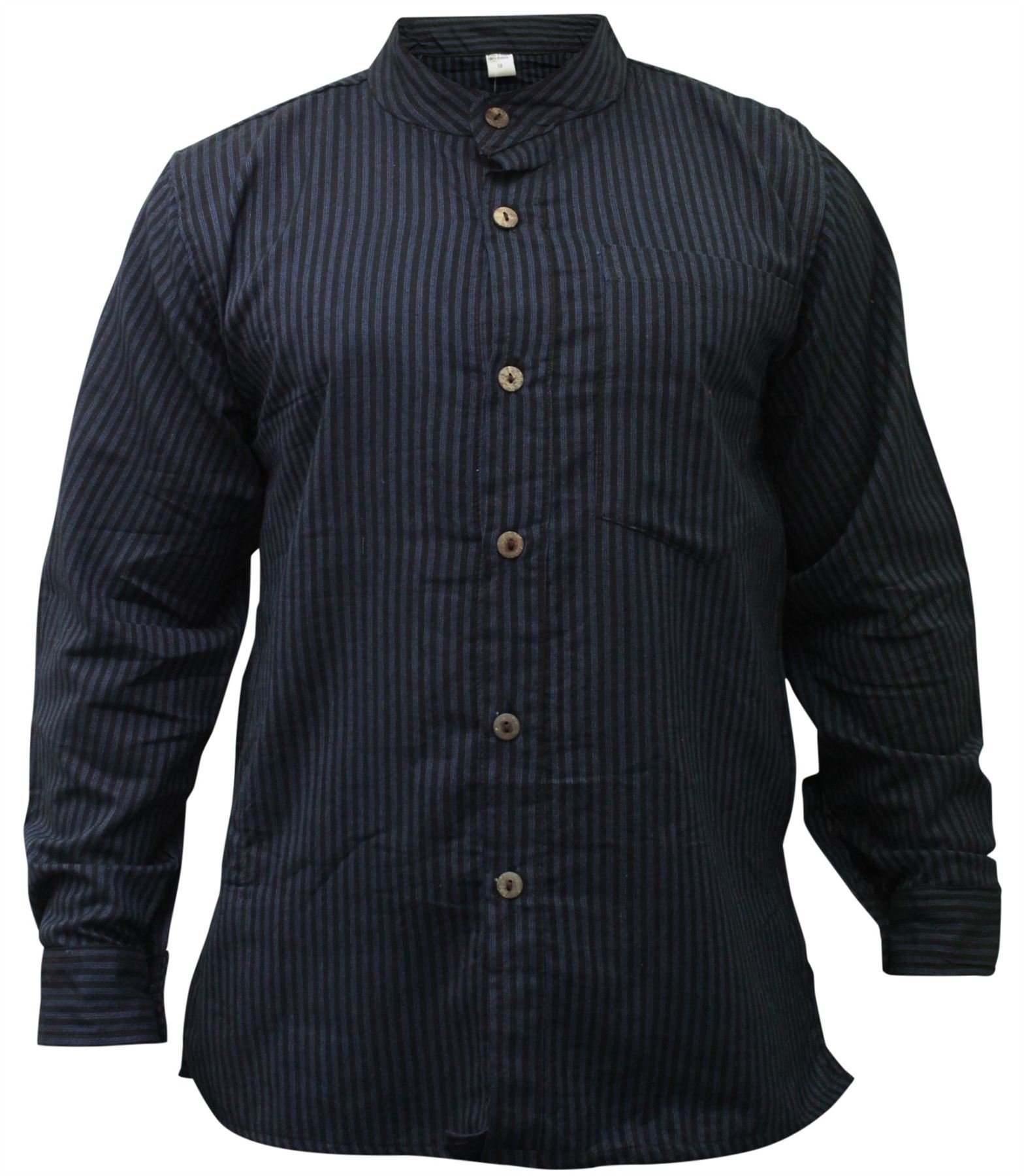 SHOPOHOLIC FASHION Camisa de Abuelo a Rayas para Hombre, Ropa Hippie de algodón de Manga Larga con Cuello de Banda