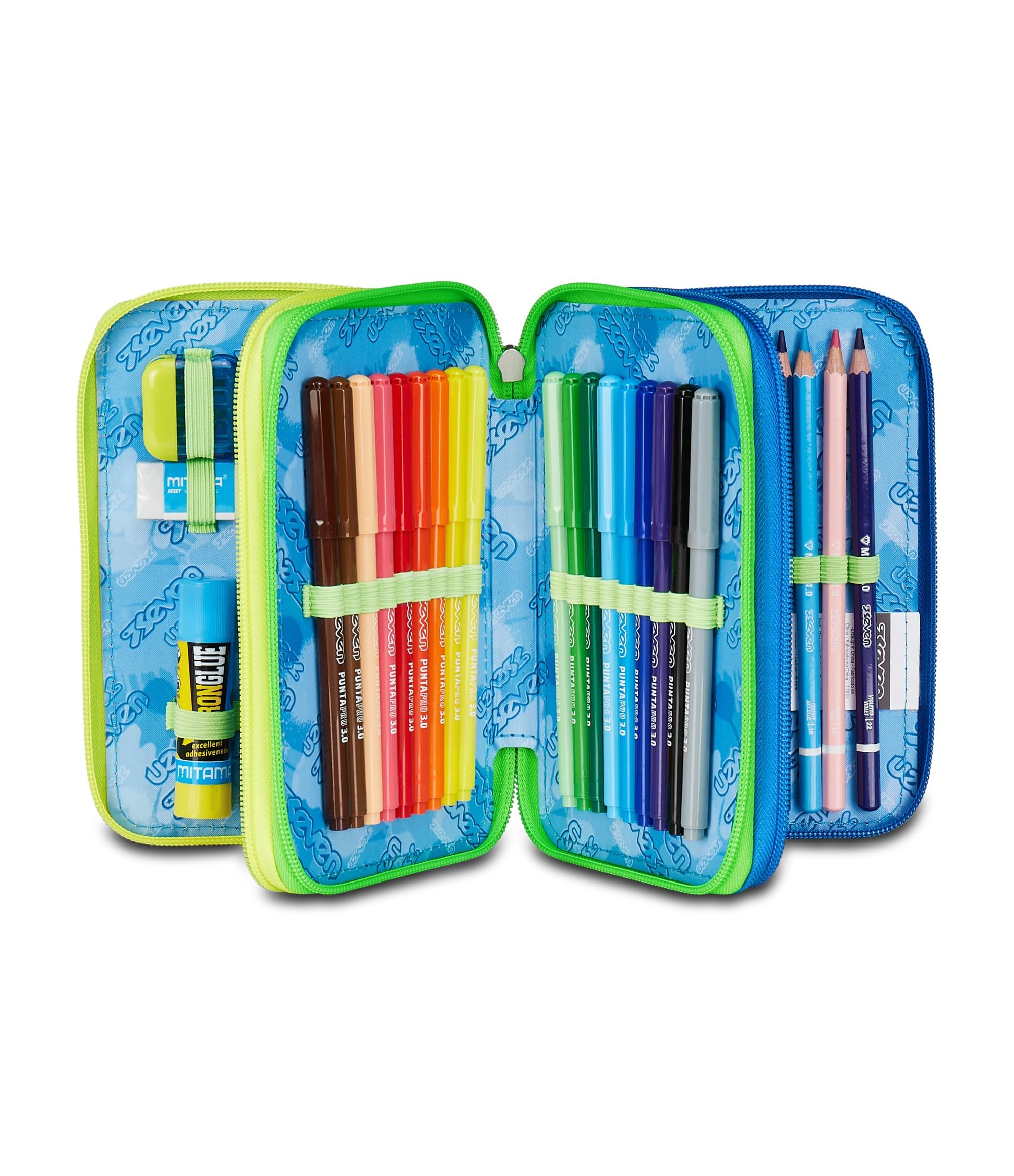 Seven Astuccio Scuola 3 Zip Nero Verde Portapenne Triplo Scomparto Completo
