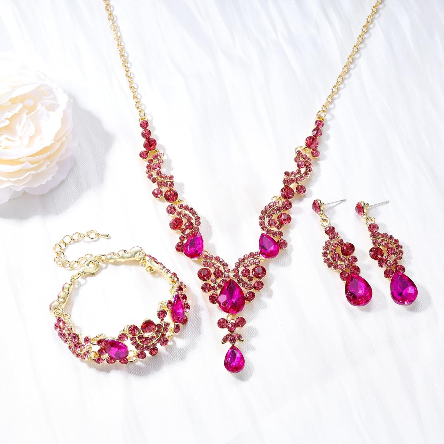 EVER FAITH Rhinestone Crystal Bridal Art Deco Floral Wave Teardrop Necklace Earrings Bracelet Jewelry Set - Image 5