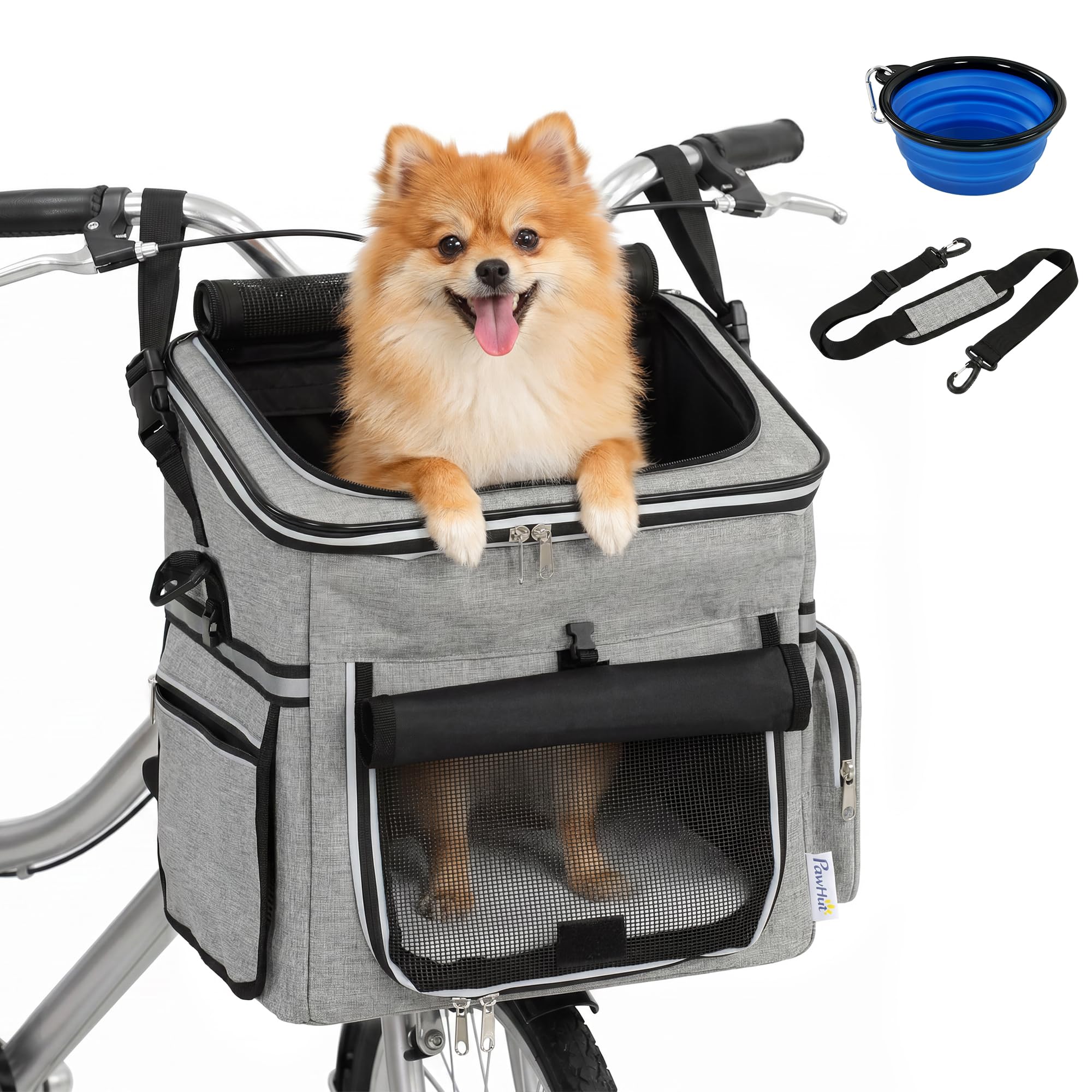 PawHut Cestello da bicicletta Anteriore per Cani Gatti, Cestino Bici Anteriore Portatile con Guinzaglio di Sicurezza, Base Rigida Rimovibile, Coperchio Staccabile, Cuscino Soffice, Finestre e Porta