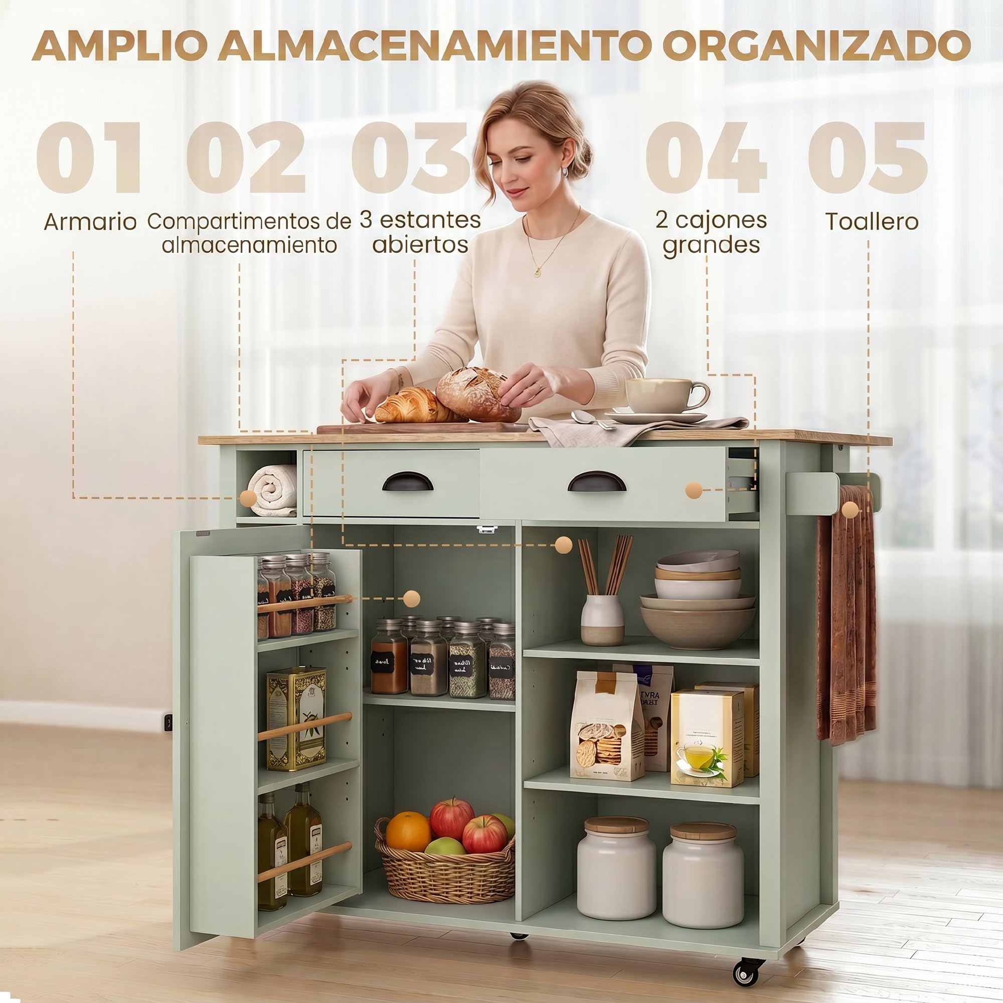 HOMCOM Isla de Cocina con Tablero Plegable y Ruedas, Carrito de Cocina con Estantes en la Puerta, Toallero, Armario, 2 Cajones, Estantes Abiertos, 117,5x70x91 cm, Verde Claro