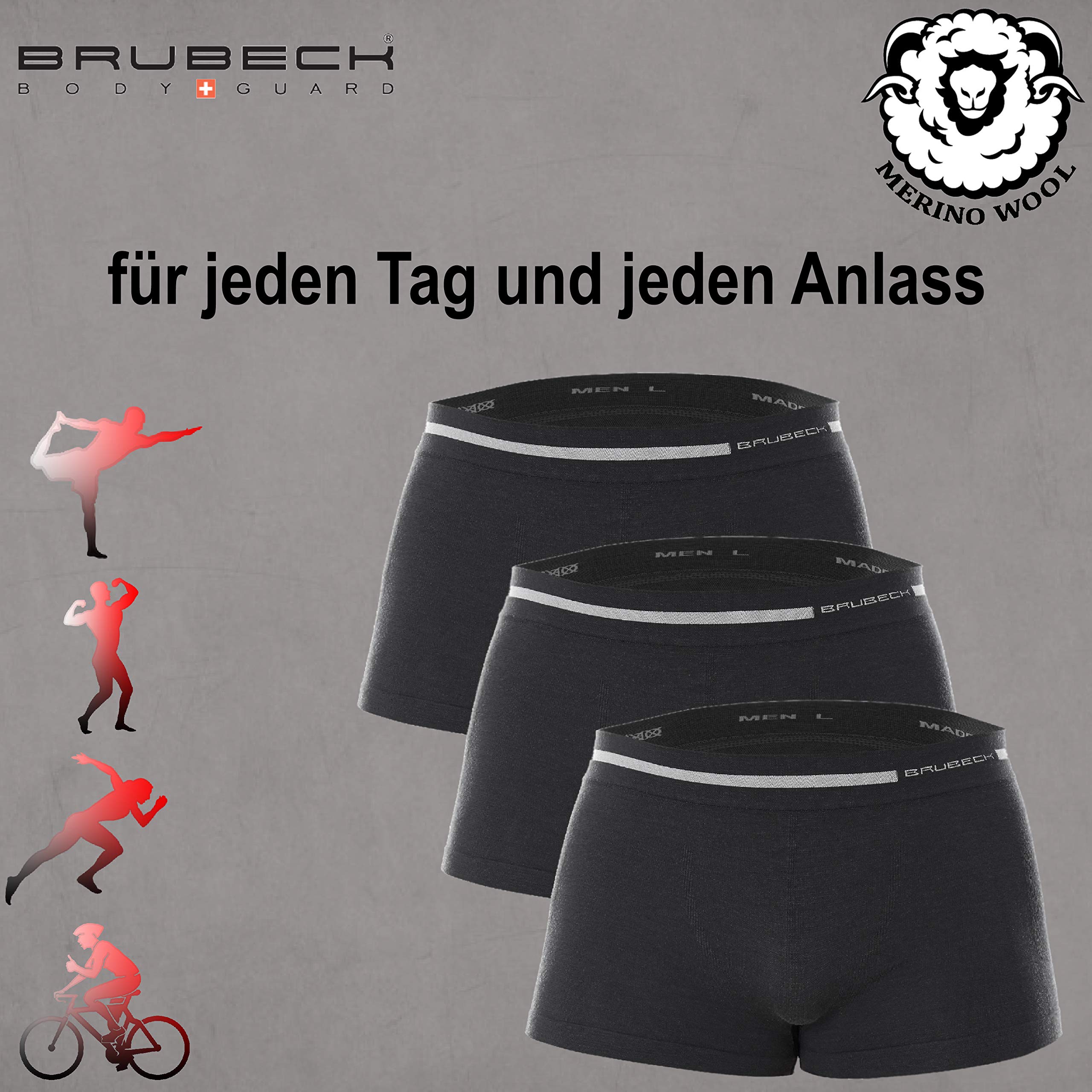 BRUBECK 3er Pack Herren Boxershorts | Atmungsaktiv | Sport | Unterhose | Funktionsunterwäsche | Briefs | Retro | 41% Merino-Wolle | BX10430