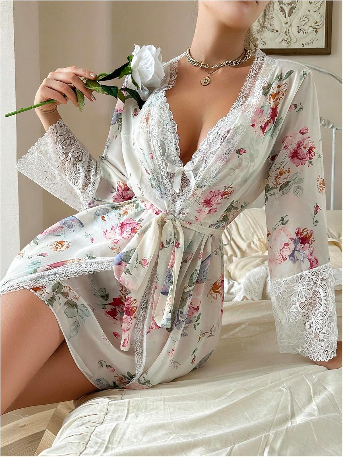 OYOANGLE Women's Chiffon Lace Nightgown with Robe Set Floral Cami Nightwear 2 Piece Sleepwear - Image 5