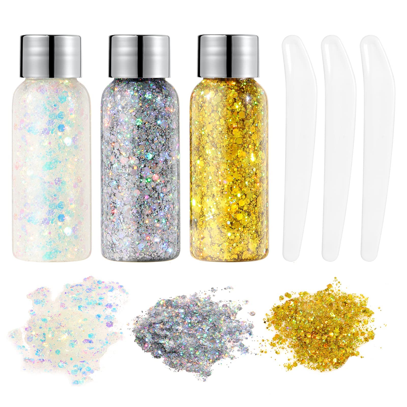 URAQT Body Glitter Gel, Chunky Glitter Gel, Chunky Body Lotion Glitzer Flüssiger Lidschatten, Meerjungfrau Pailletten Funkelnde für Gesicht Haare Lippen Nägel Make Up (weiß+silber+gold)