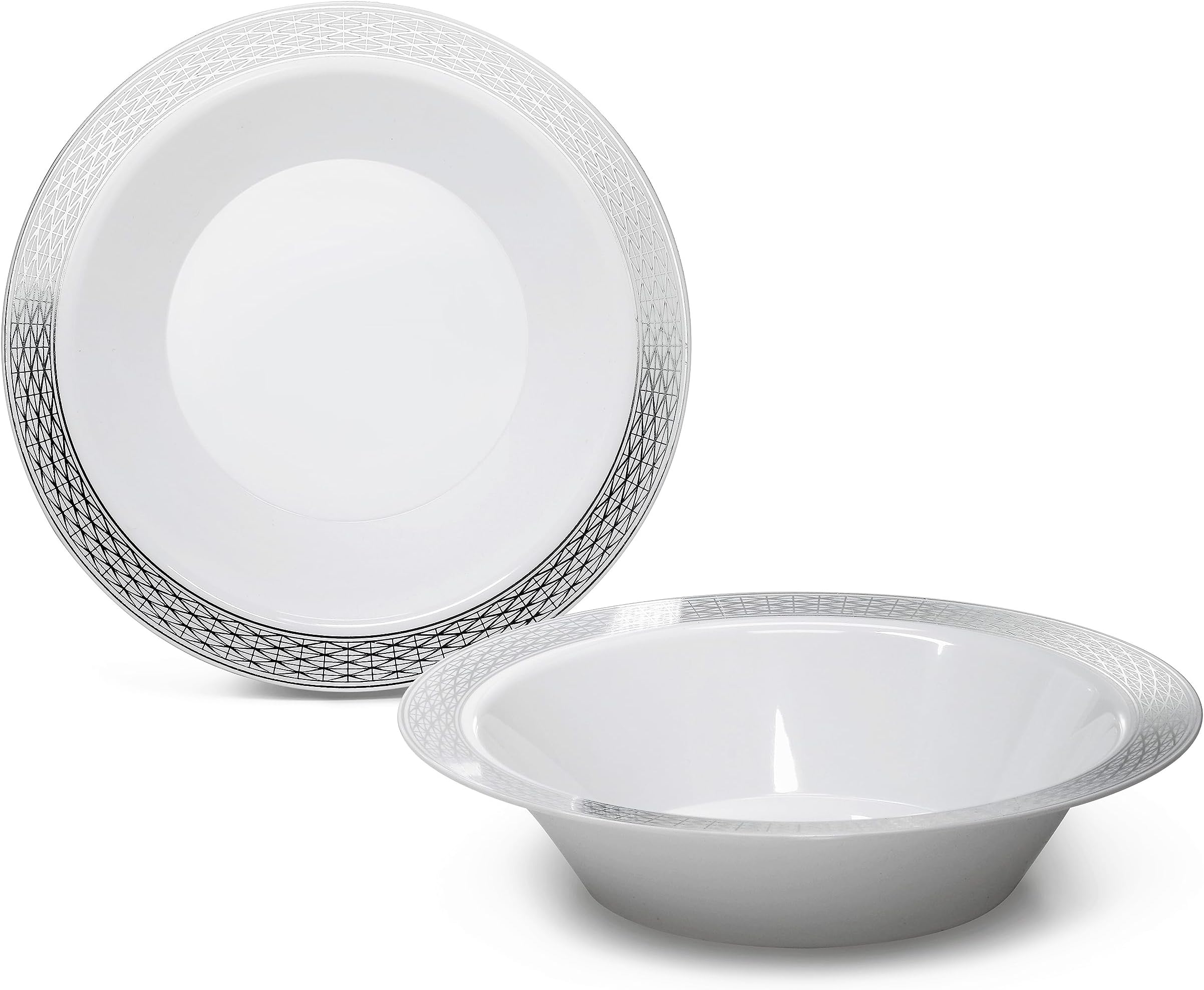 " OCCASIONS " 120 Pieces Plates Pack, Heavyweight Disposable Wedding Party Plastic Bowls (14oz Soup Bowl, Diamond in White & Silver)