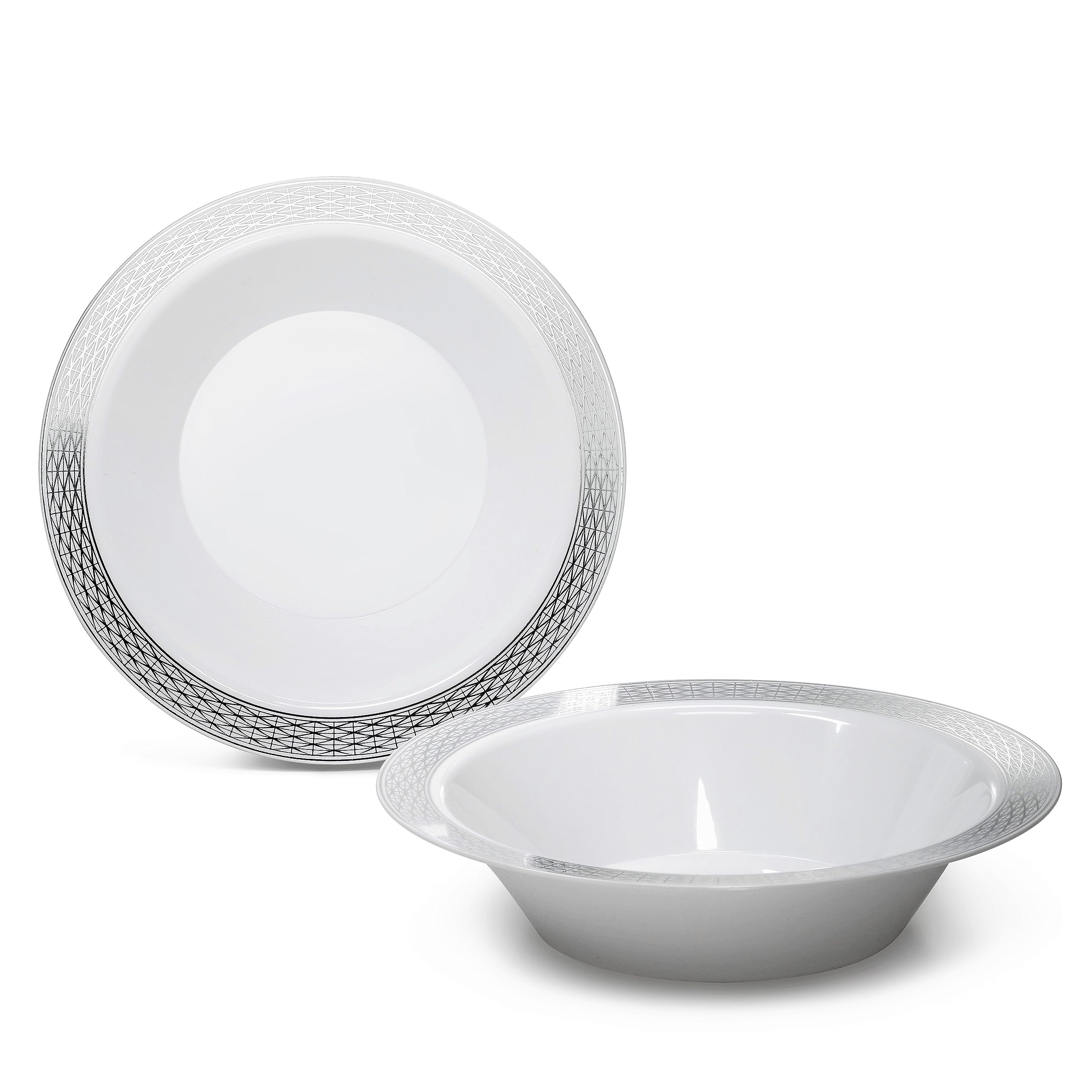 " OCCASIONS " 120 Pieces Plates Pack, Heavyweight Disposable Wedding Party Plastic Bowls (14oz Soup Bowl, Diamond in White & Silver)