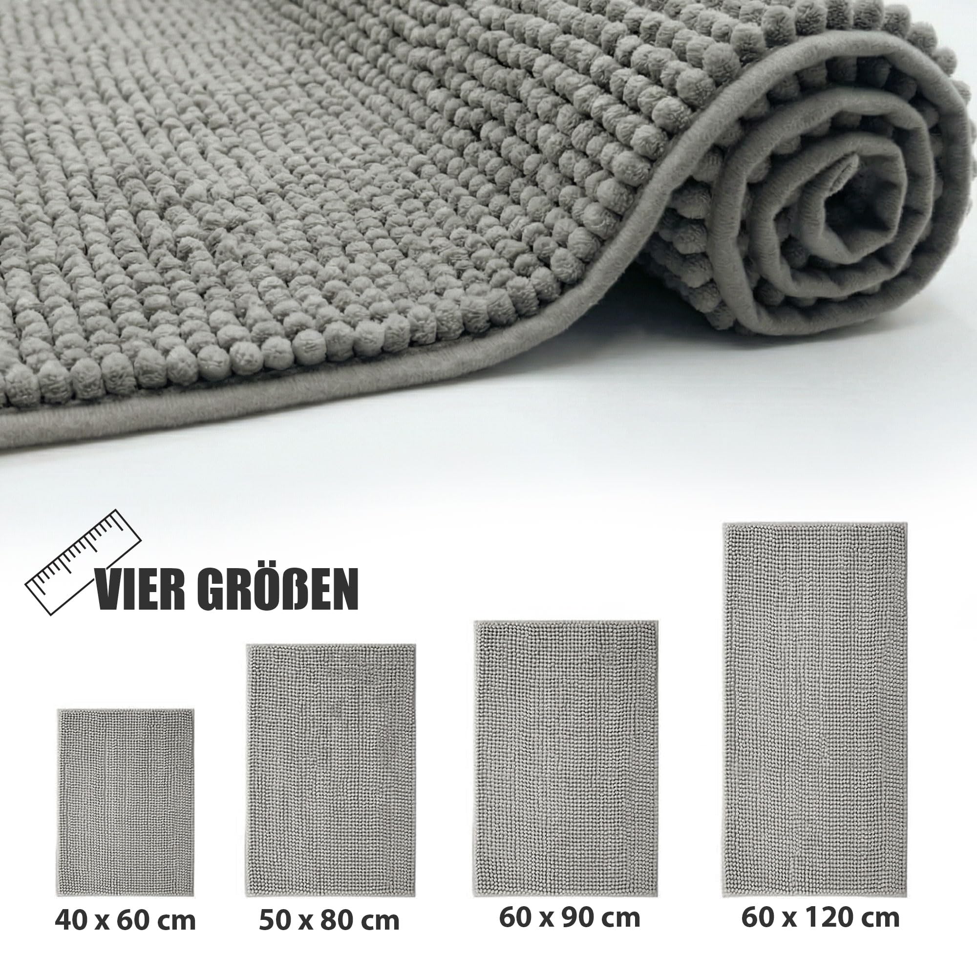 HELLSER Badezimmerteppich Dana | rutschfest & Waschbar | Weiche Chenille Badematte Kurzflor | Saugfähig & Schnelltrocknend | Oeko-TEX für Fußbodenheizung | Grau | 60x120 cm